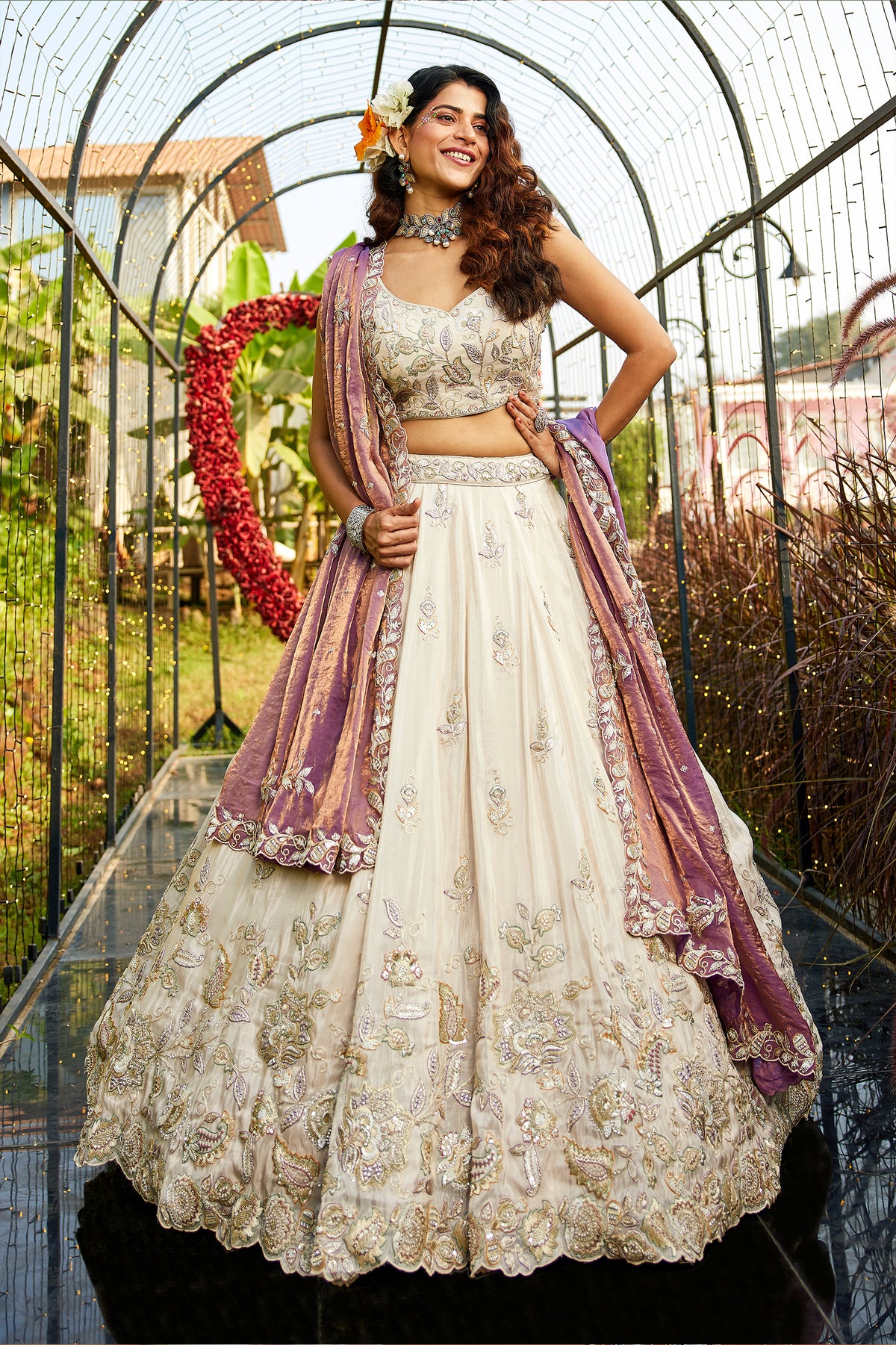 Off White Semi Stitched Embroidered Tissue Lehenga-SAR12848_1_SareeButa.com