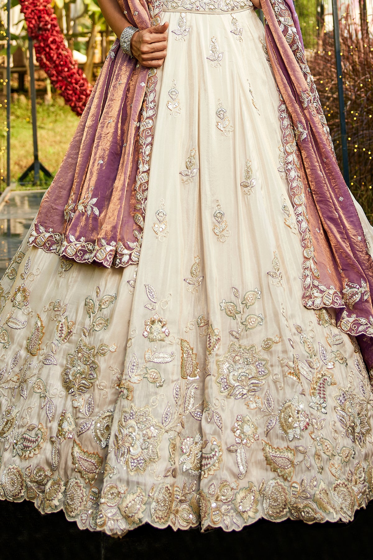 Off White Semi Stitched Embroidered Tissue Lehenga-SAR12848_4_SareeButa.com