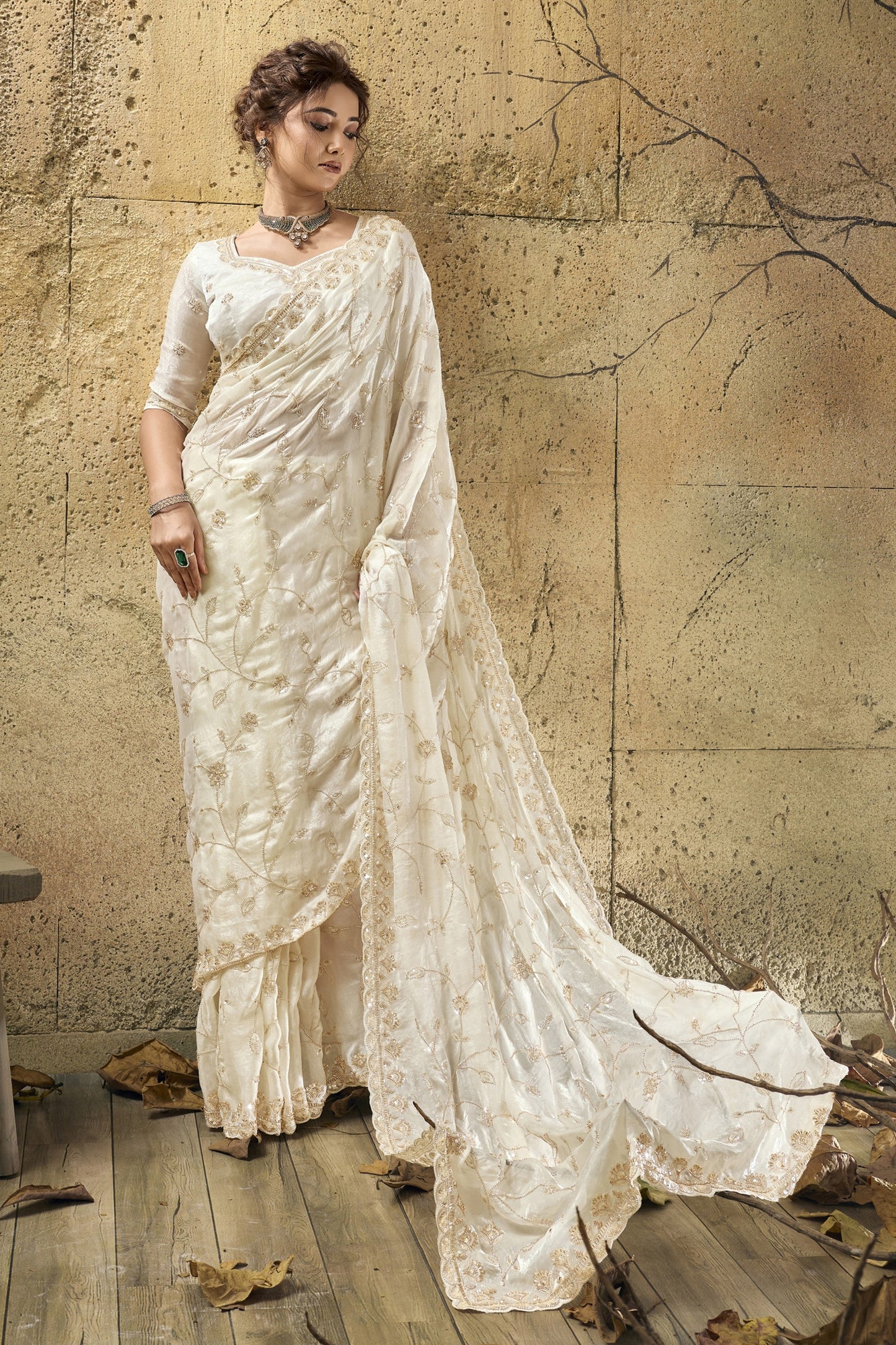 Off White Sequin Work Velvet Satin Saree-SAR12815_1_SareeButa.com