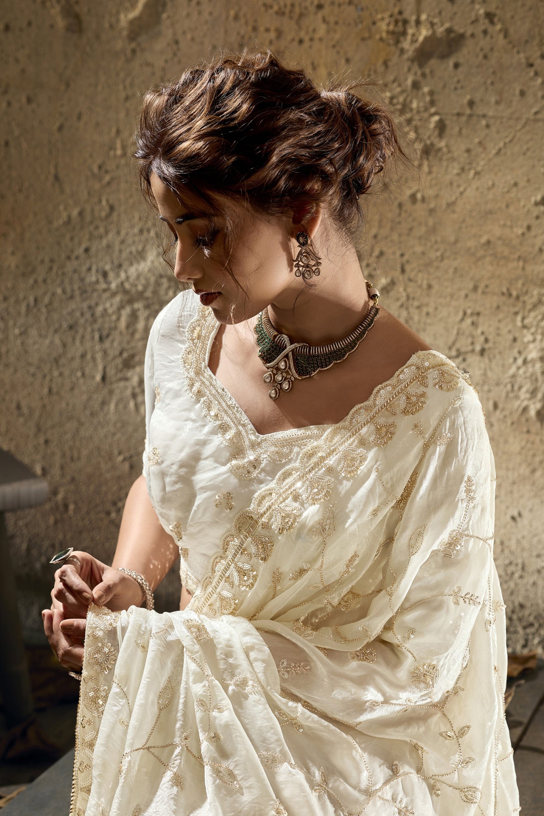 Off White Sequin Work Velvet Satin Saree-SAR12815_2_SareeButa.com