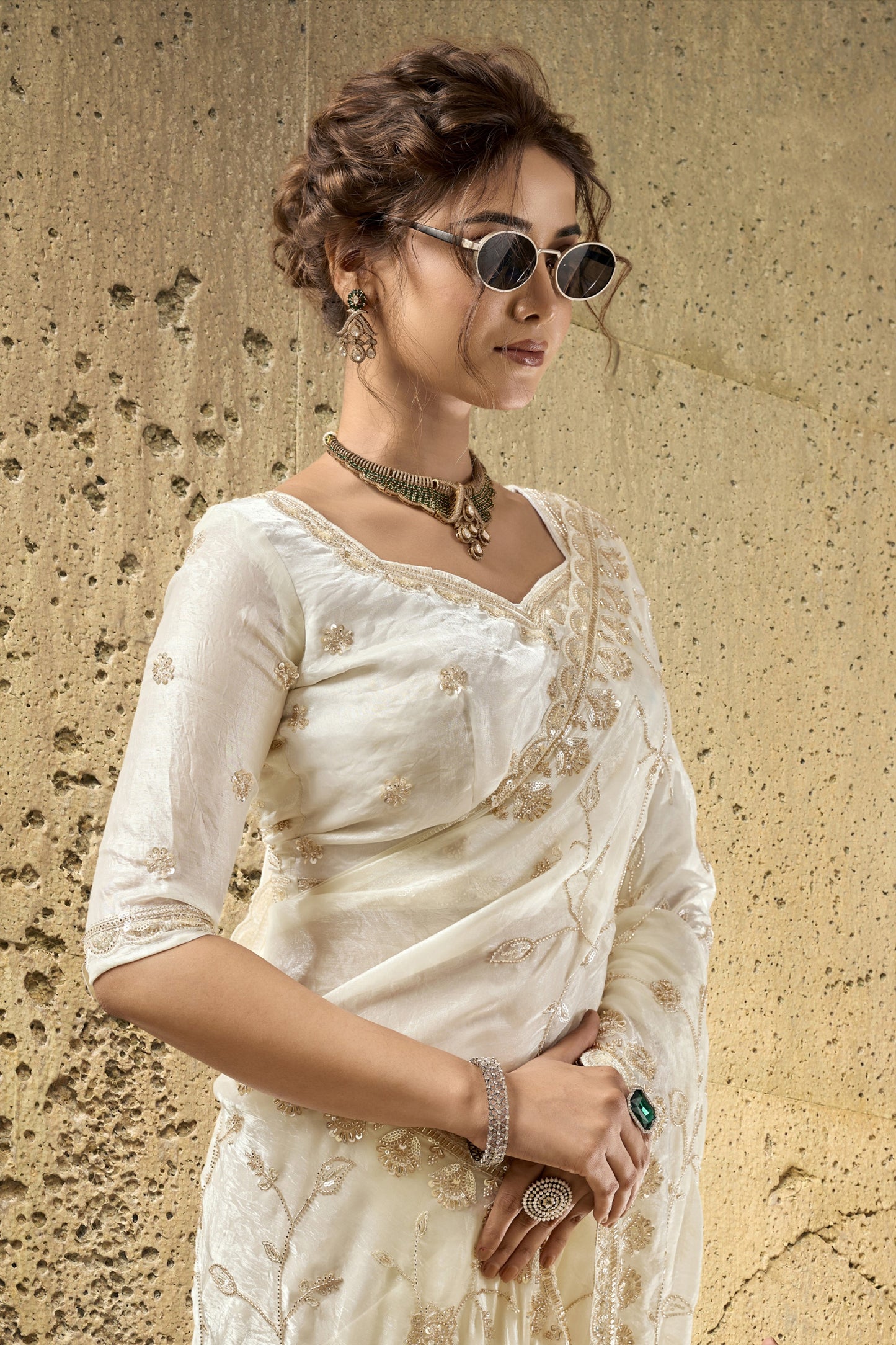 Off White Sequin Work Velvet Satin Saree-SAR12815_3_SareeButa.com