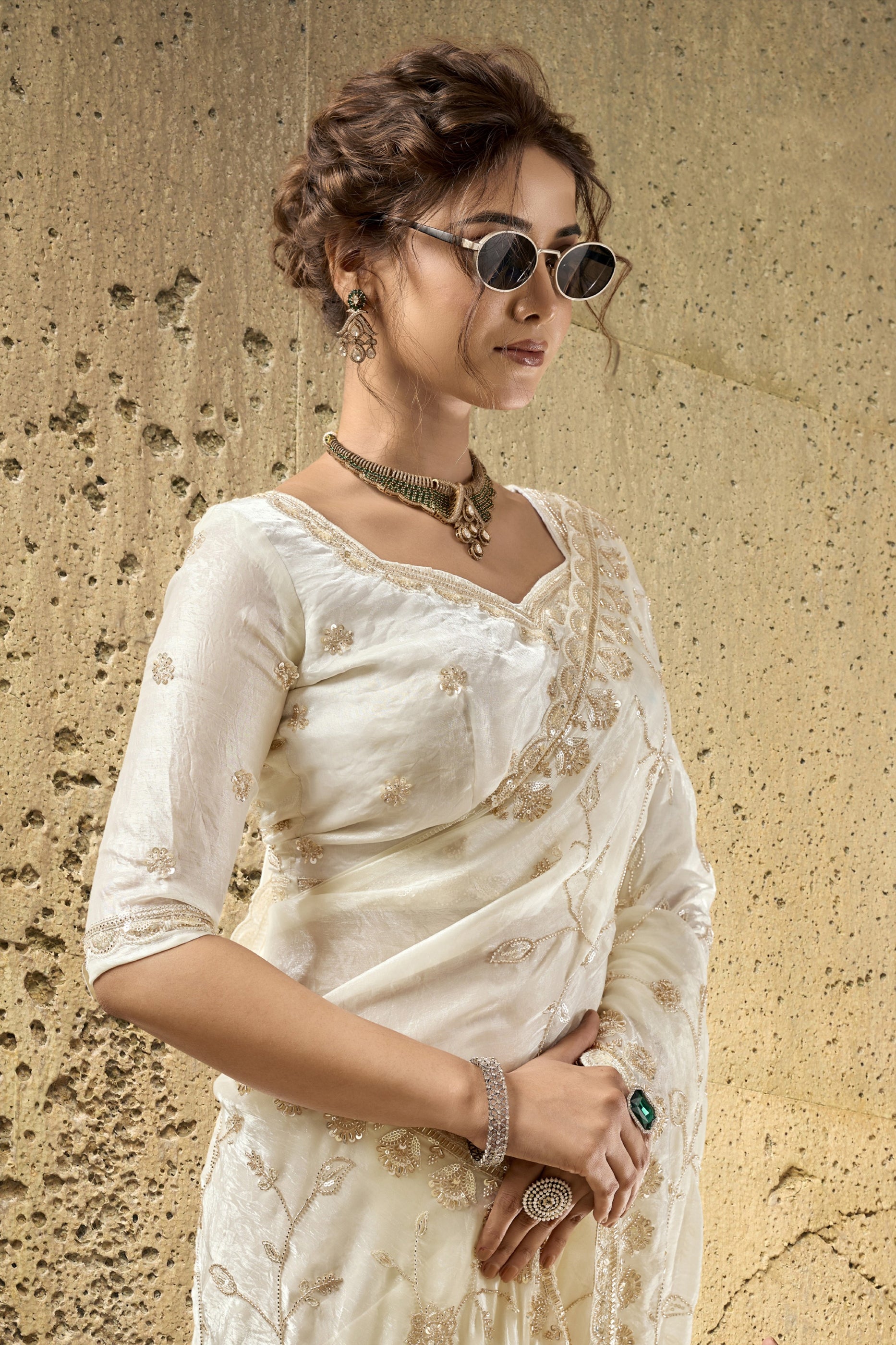 Off White Sequin Work Velvet Satin Saree-SAR12815_3_SareeButa.com