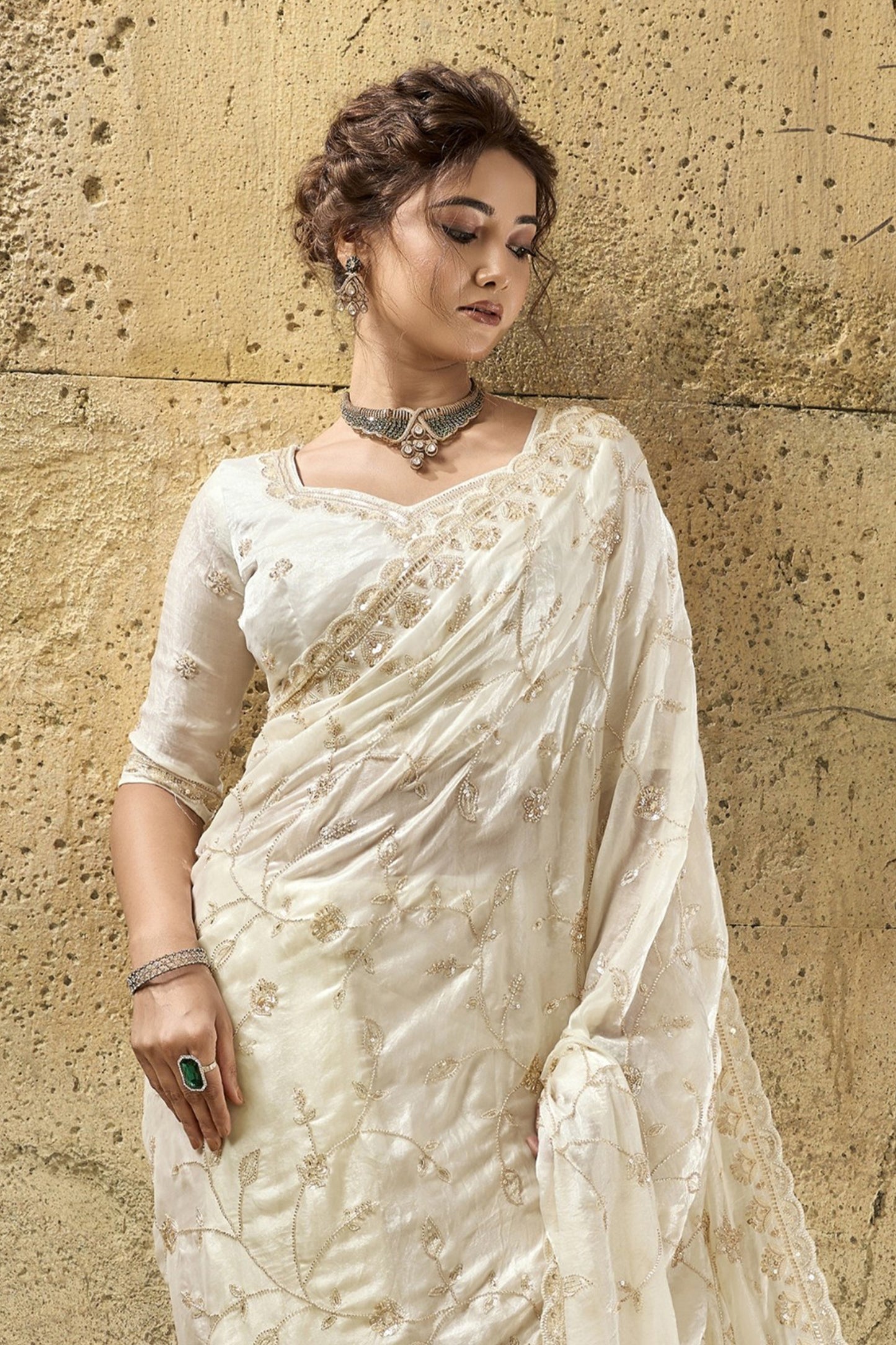 Off White Sequin Work Velvet Satin Saree-SAR12815_4_SareeButa.com