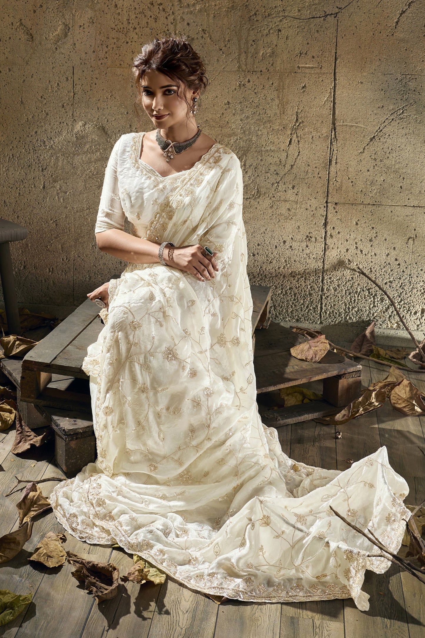 Off White Sequin Work Velvet Satin Saree-SAR12815_5_SareeButa.com