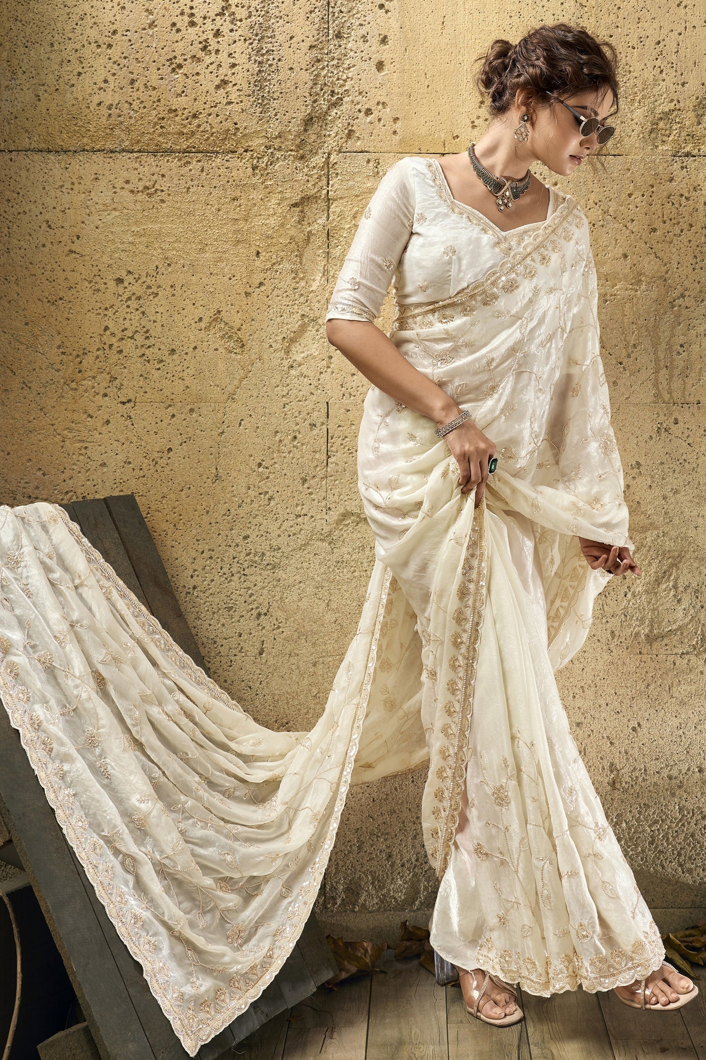 Off White Sequin Work Velvet Satin Saree-SAR12815_6_SareeButa.com