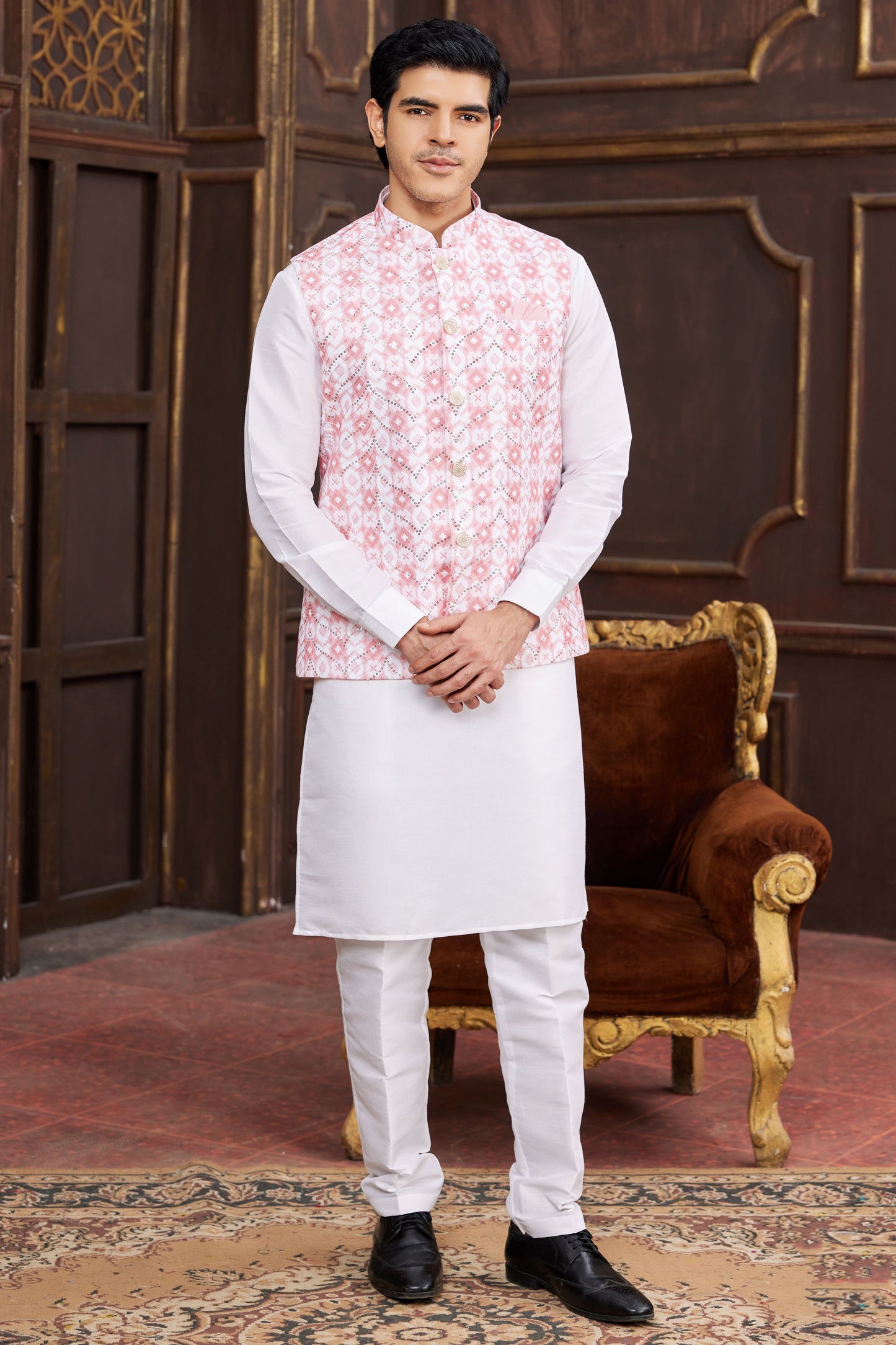 Off White Silk Kurta Pajama with Jacket-MW31_1_SareeButa.com
