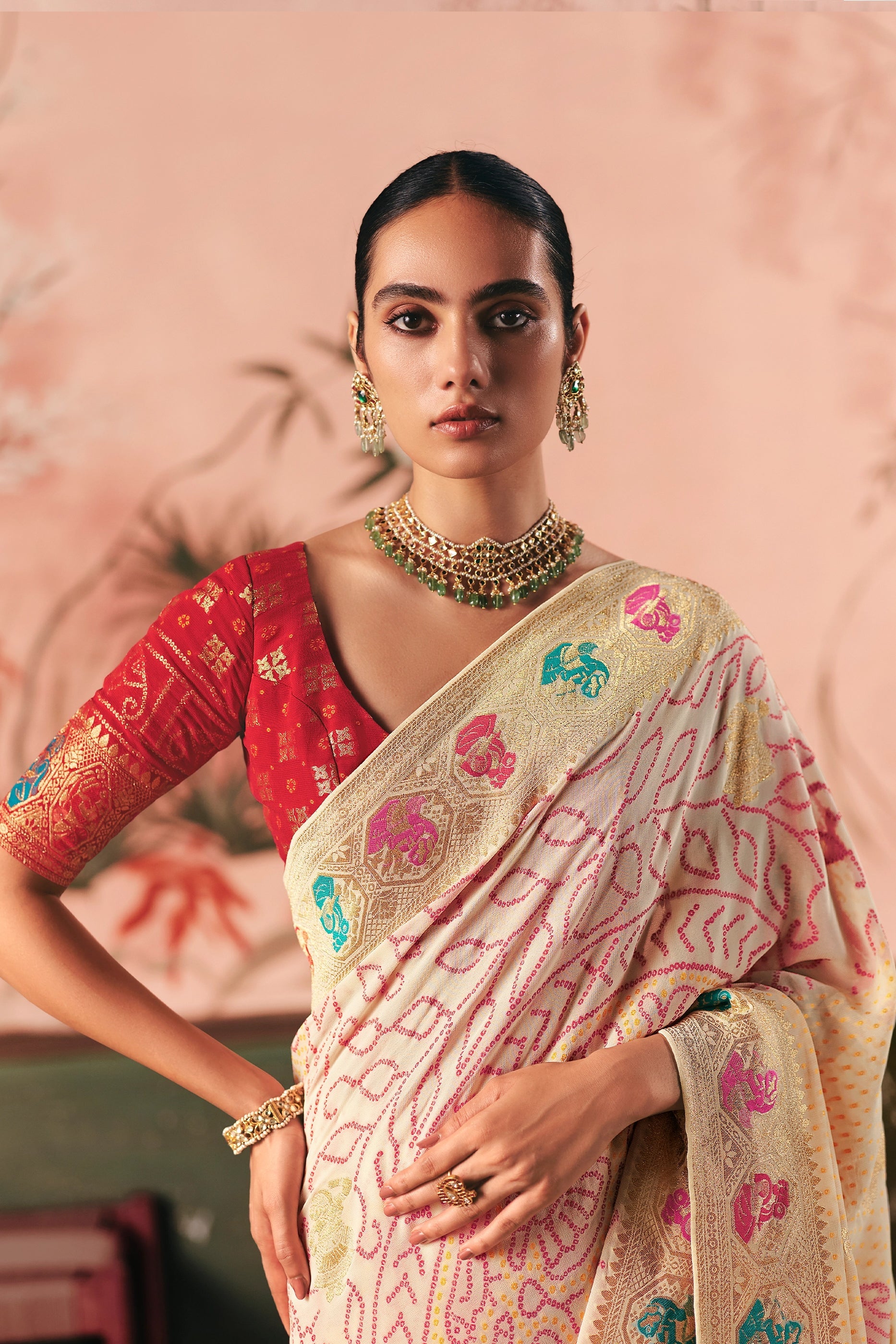 Off White Woven Georgette Bandhani Saree-SAR10972_2_SareeButa.com