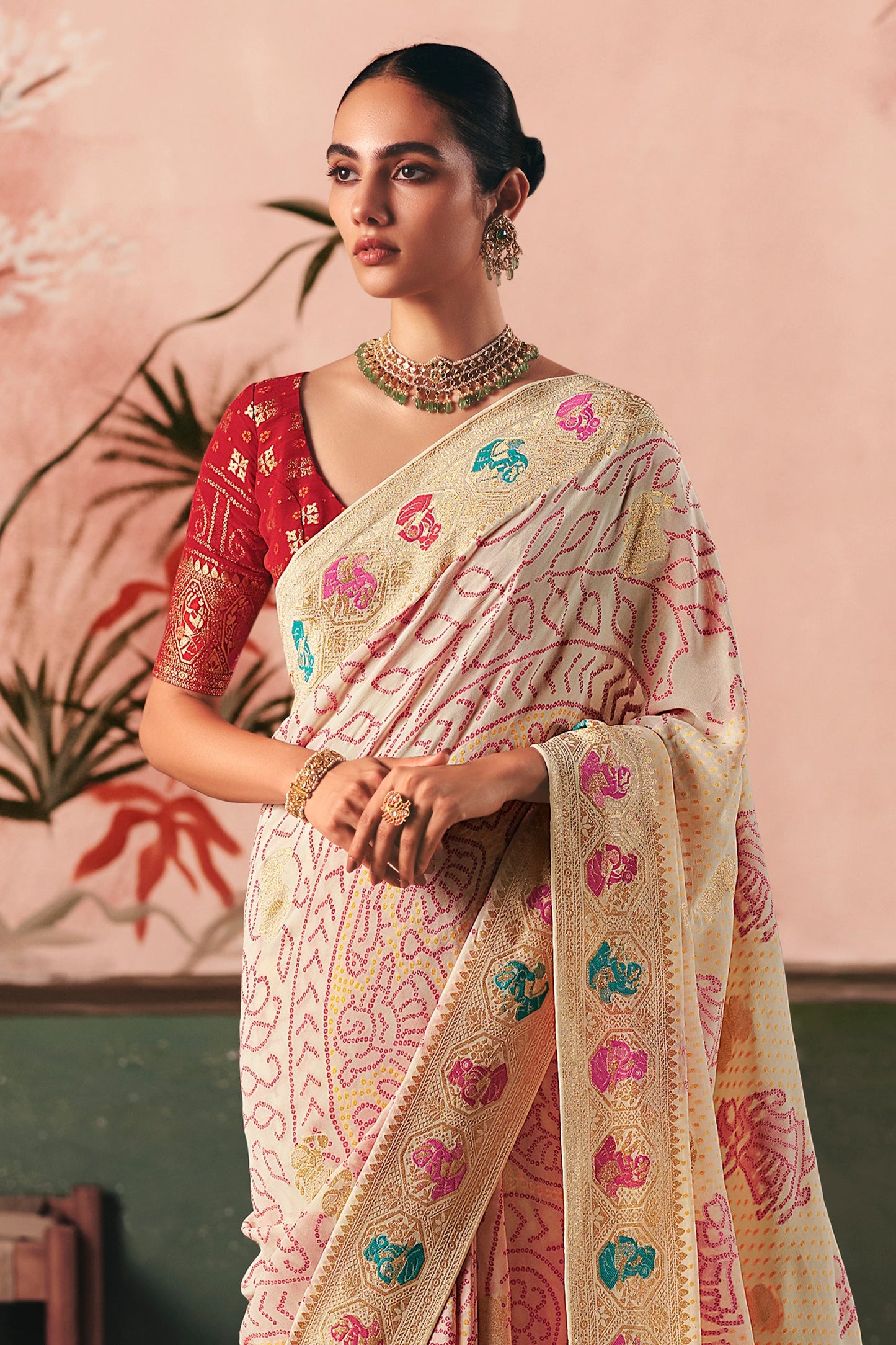Off White Woven Georgette Bandhani Saree-SAR10972_4_SareeButa.com