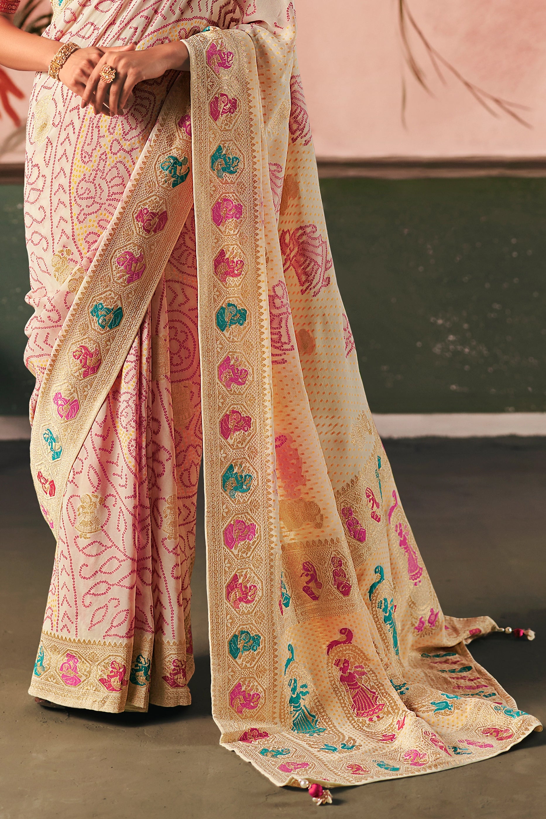 Off White Woven Georgette Bandhani Saree-SAR10972_5_SareeButa.com
