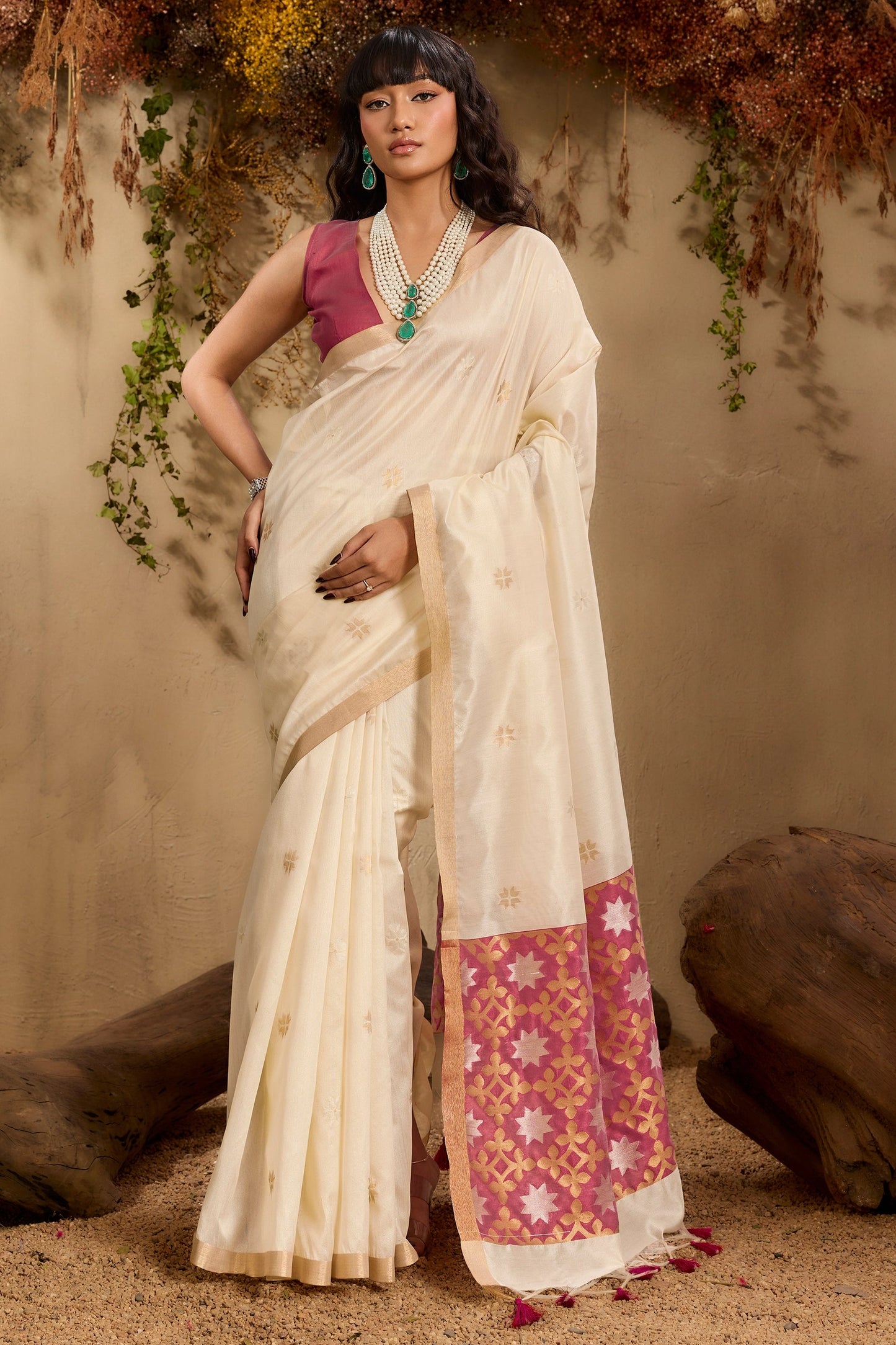 Off White Woven Tussar Silk Saree-SAR11241_1_SareeButa.com