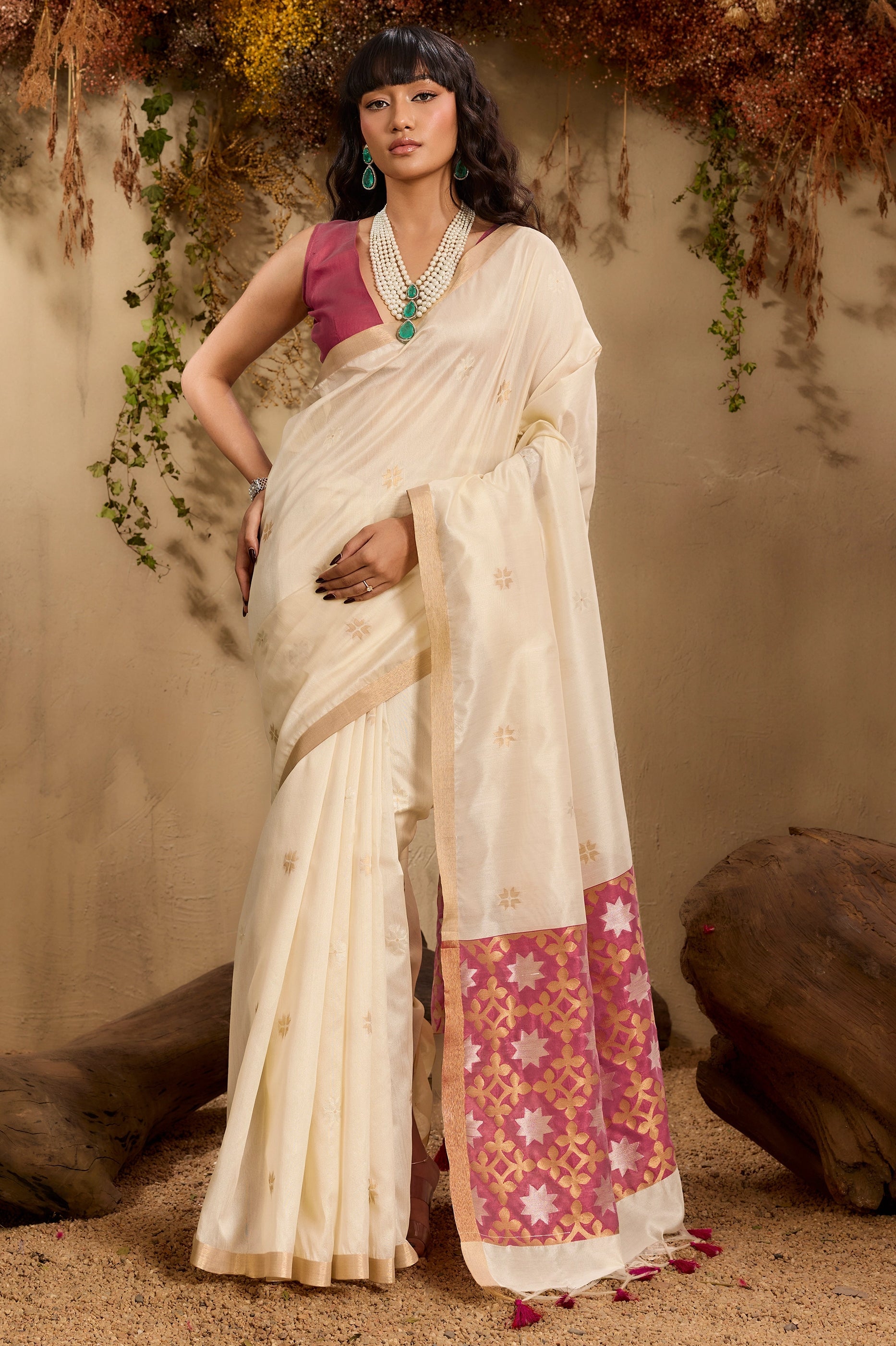 Off White Woven Tussar Silk Saree-SAR11241_1_SareeButa.com