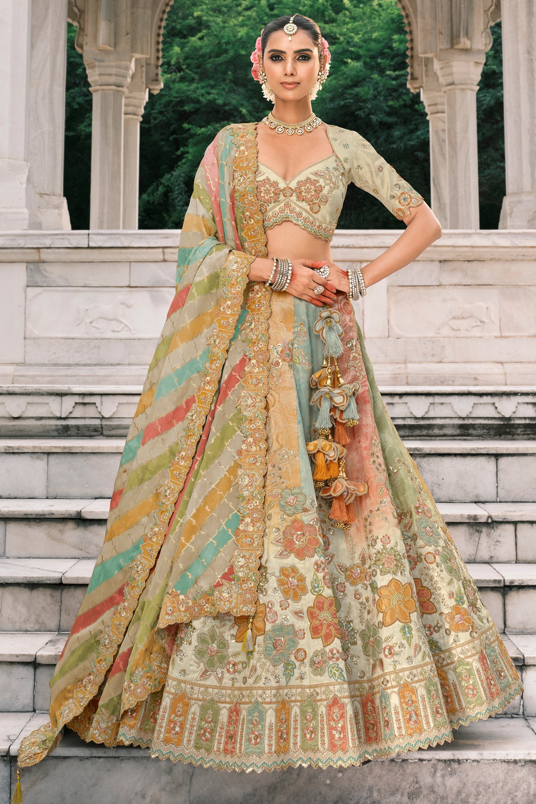Off White and Grey Semi-Stitched Embroidered Silk Lehenga-SAR10435_1_SareeButa.com