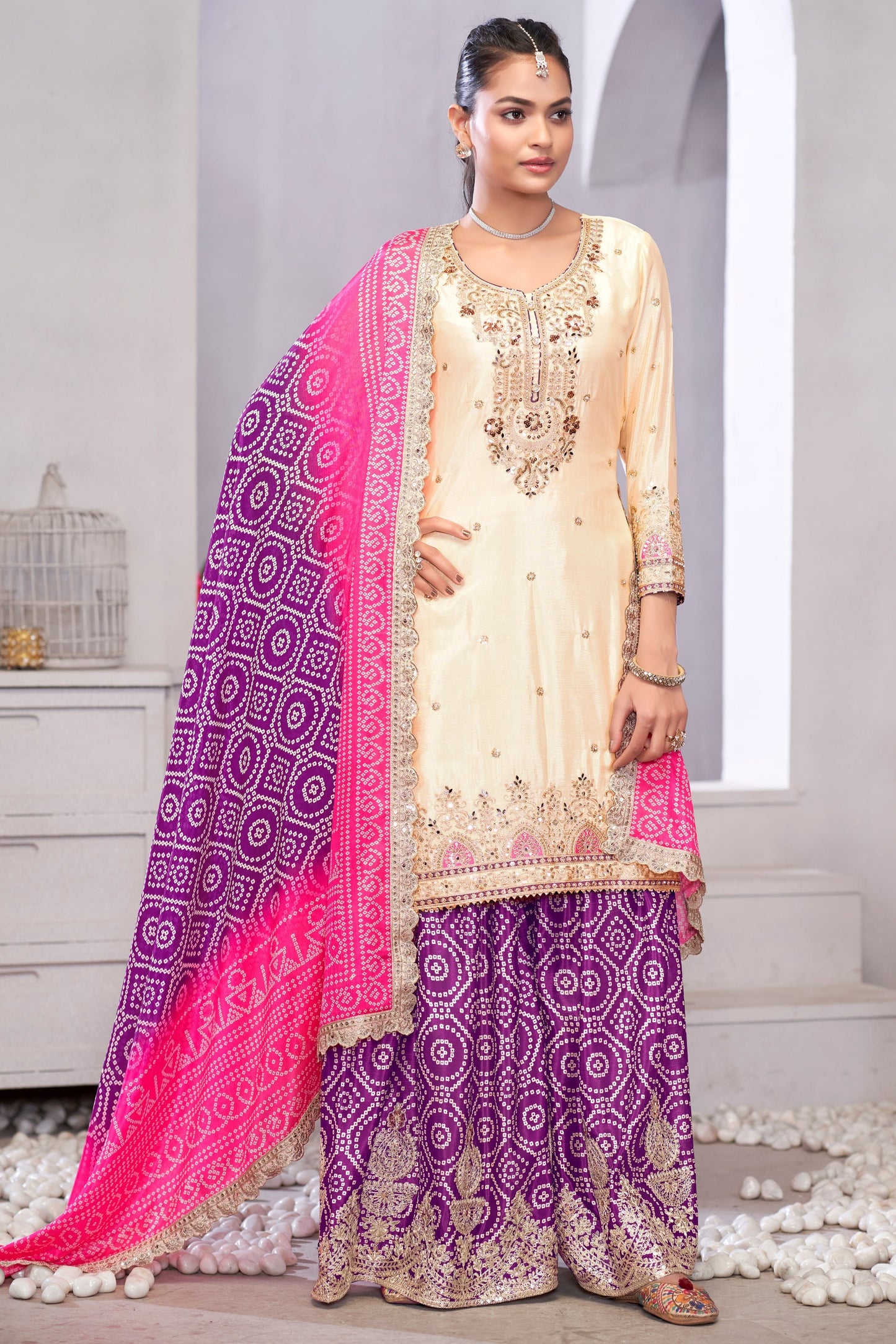 Off White and Purple Readymade Embroidered Chinon Palazzo Suit-SS763_1_SareeButa.com