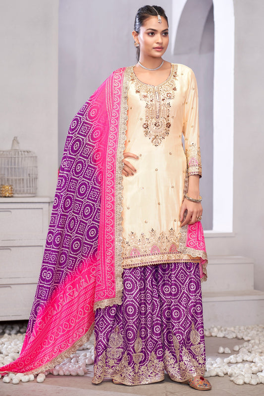 Off White and Purple Readymade Embroidered Chinon Palazzo Suit-SS763_1_SareeButa.com