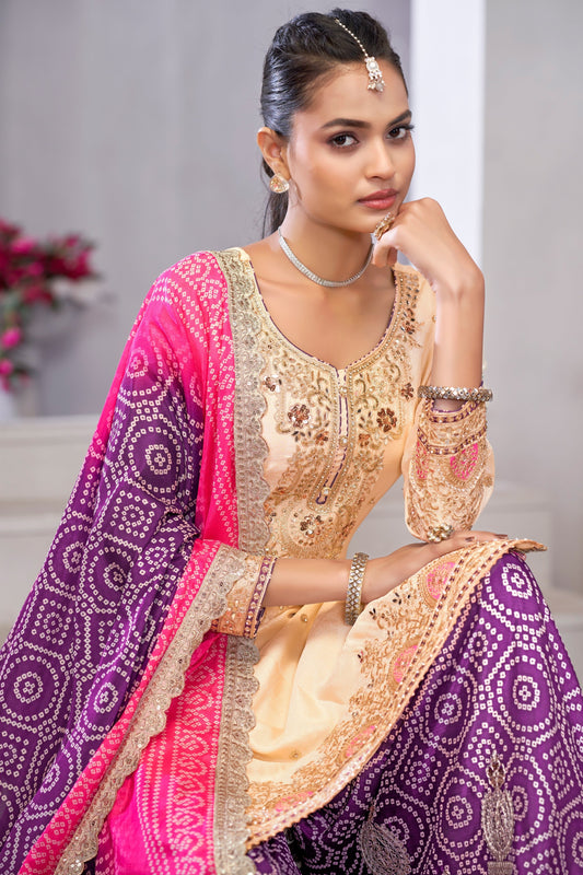 Off White and Purple Readymade Embroidered Chinon Palazzo Suit-SS763_2_SareeButa.com