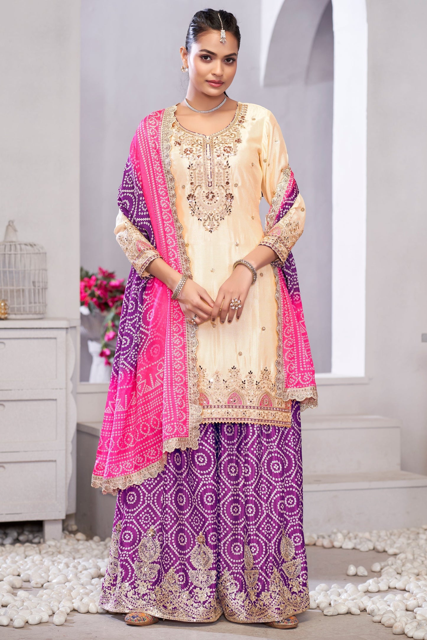 Off White and Purple Readymade Embroidered Chinon Palazzo Suit-SS763_3_SareeButa.com