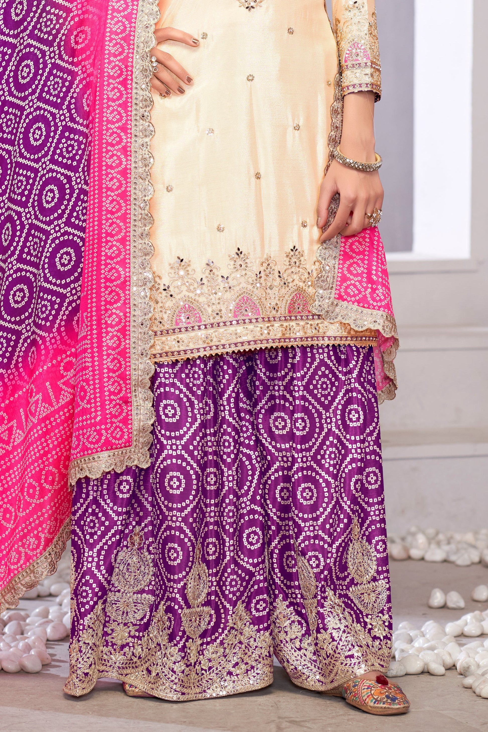 Off White and Purple Readymade Embroidered Chinon Palazzo Suit-SS763_4_SareeButa.com