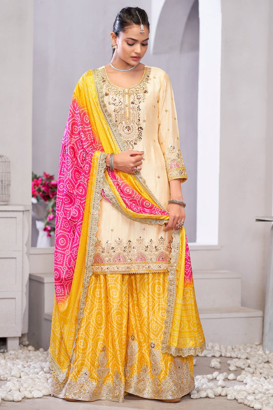 Off White and Yellow Readymade Embroidered Chinon Palazzo Suit-SS724_1_SareeButa.com