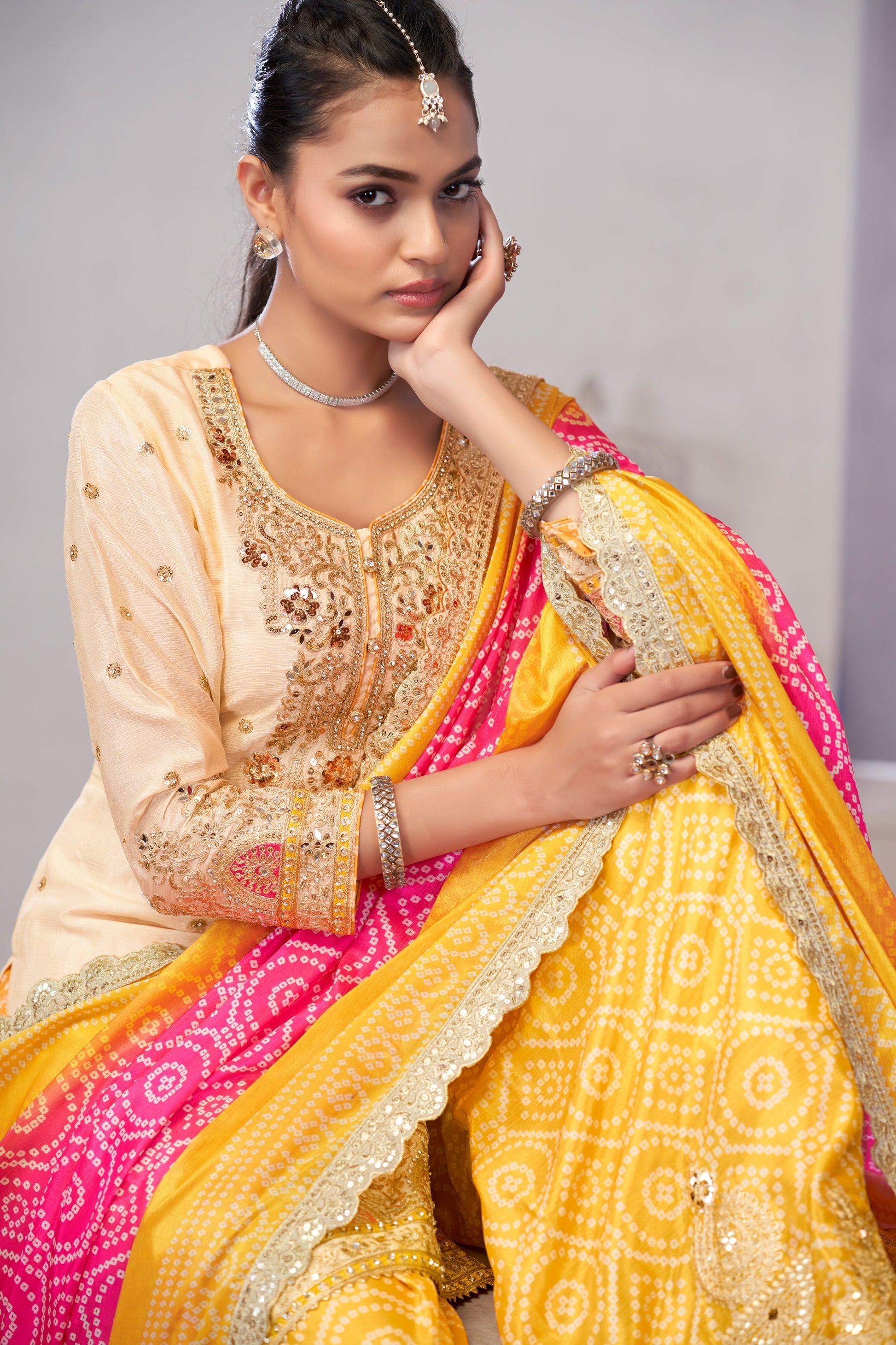 Off White and Yellow Readymade Embroidered Chinon Palazzo Suit-SS724_2_SareeButa.com