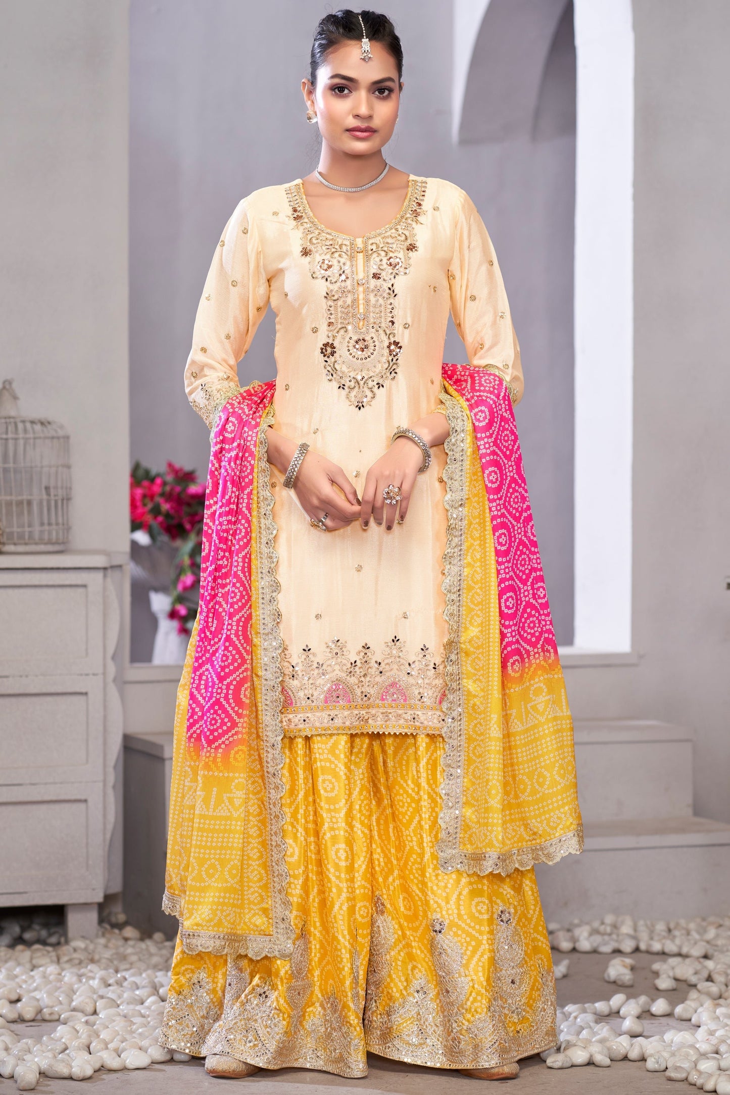 Off White and Yellow Readymade Embroidered Chinon Palazzo Suit-SS724_3_SareeButa.com