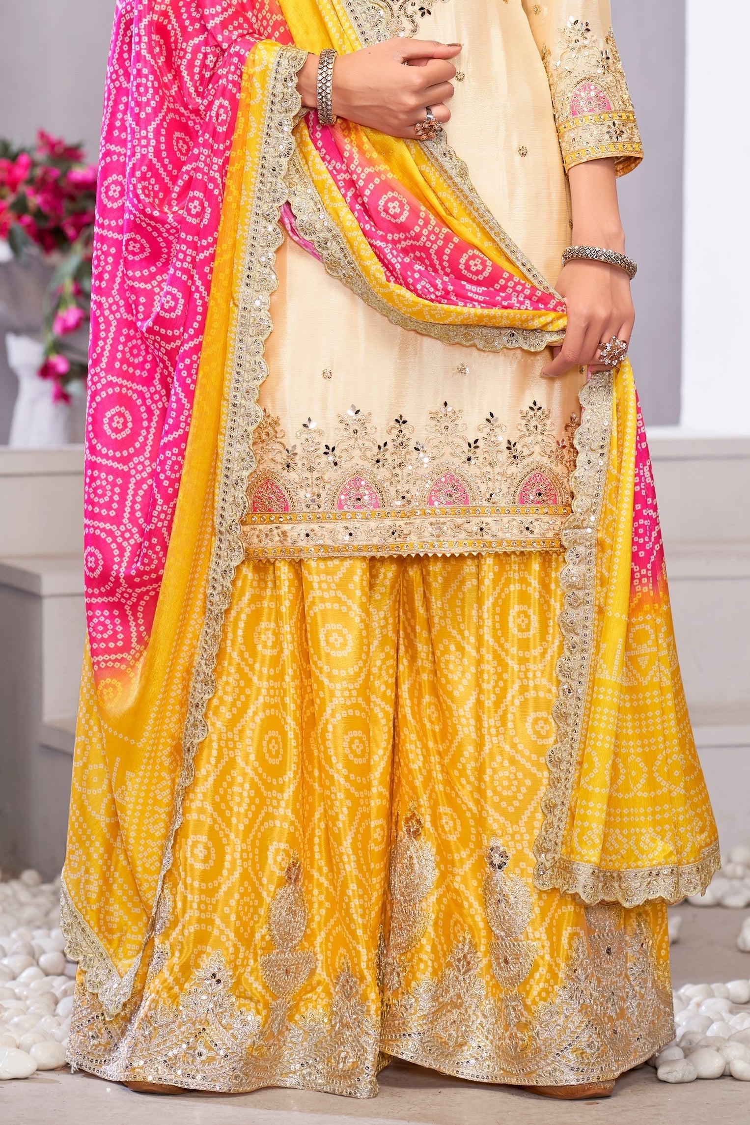Off White and Yellow Readymade Embroidered Chinon Palazzo Suit-SS724_4_SareeButa.com
