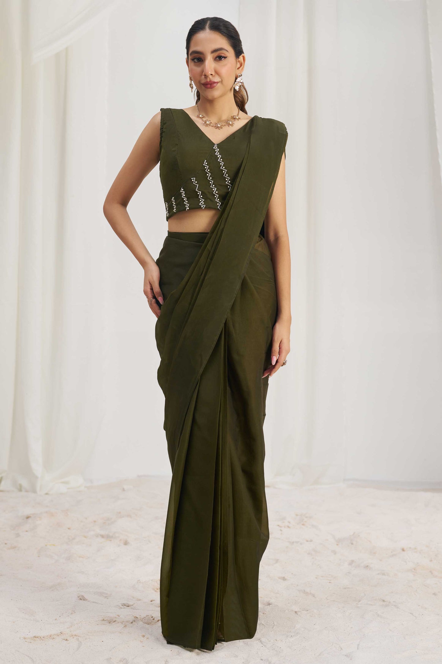 Olive Green Organza Readymade Saree with Stitched Blouse-ZB134298_1_SareeButa.com