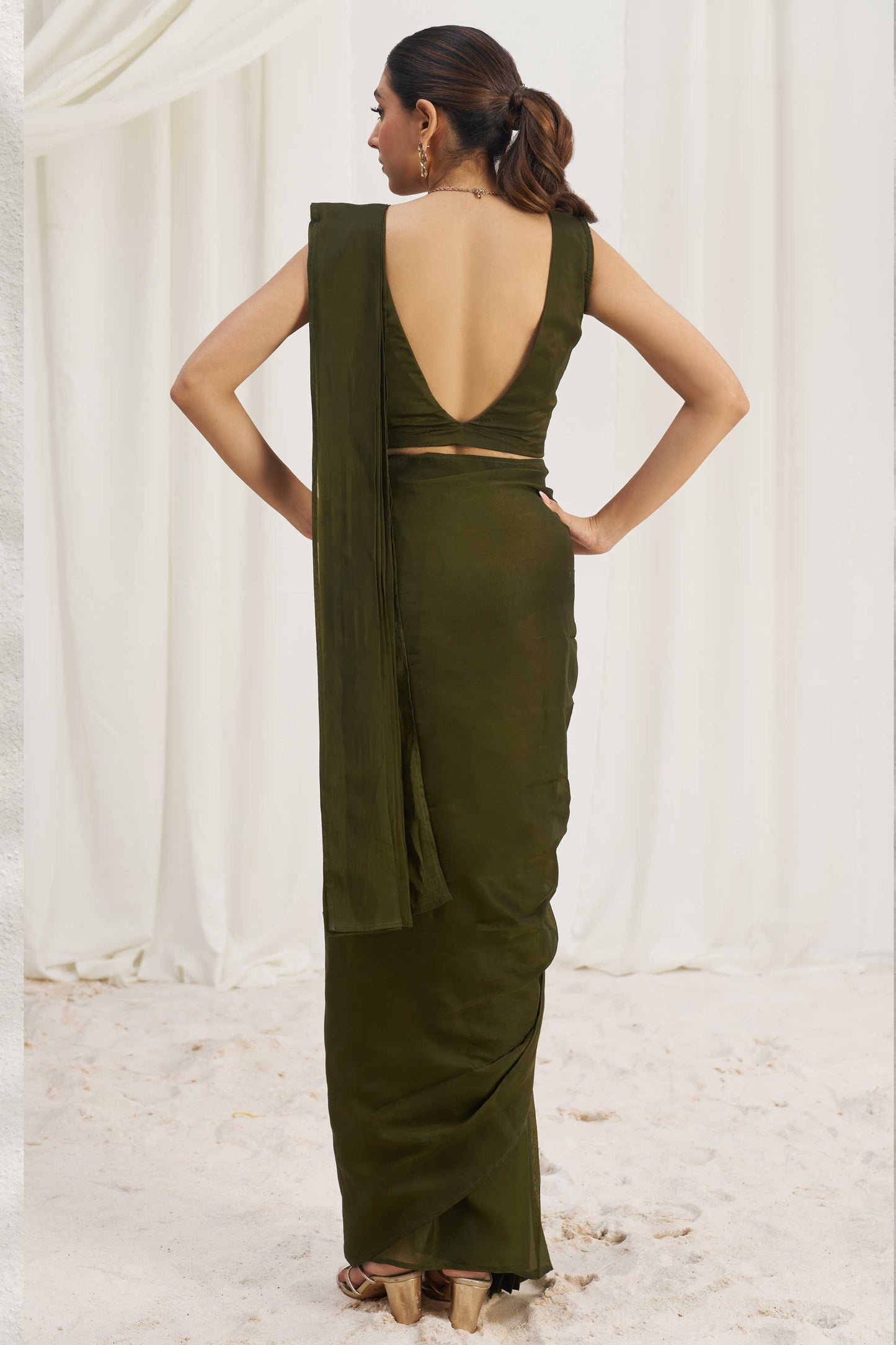 Olive Green Organza Readymade Saree with Stitched Blouse-ZB134298_3_SareeButa.com