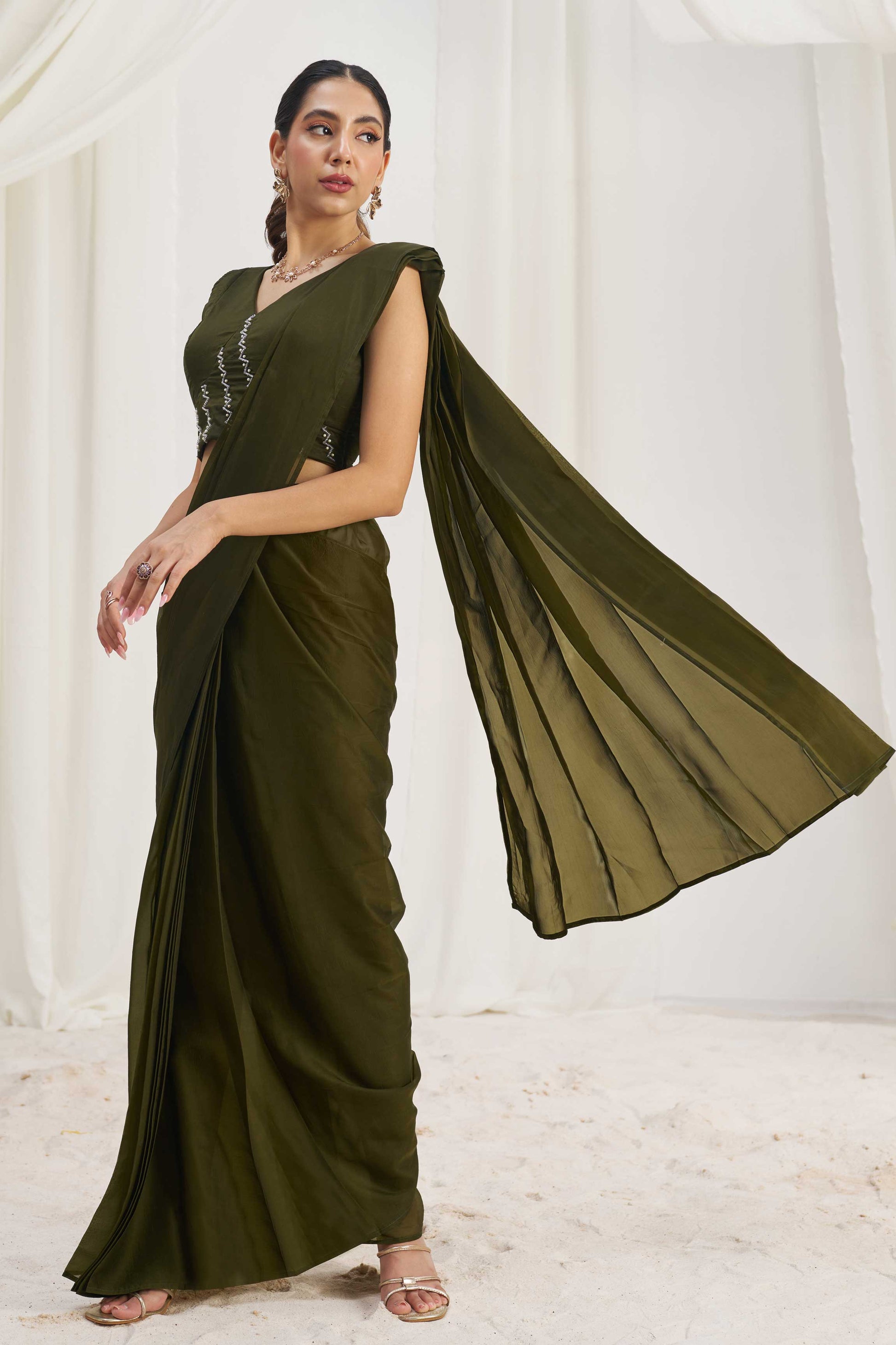 Olive Green Organza Readymade Saree with Stitched Blouse-ZB134298_4_SareeButa.com