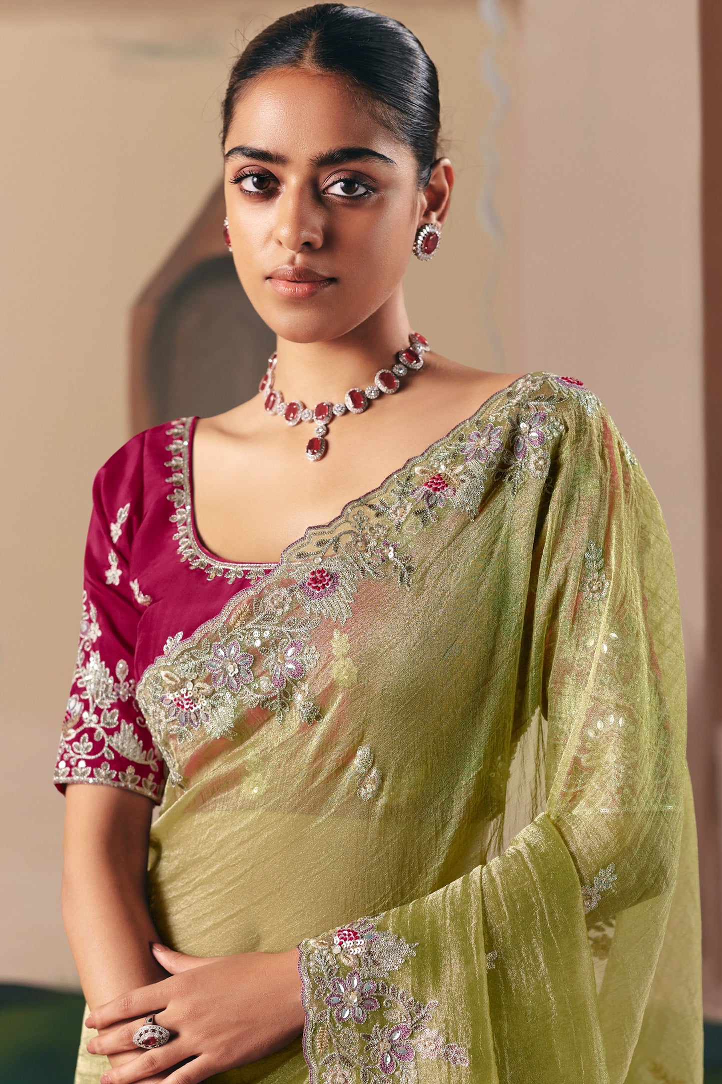 Olive Green Embroidered Organza Saree-SAR10552_4_SareeButa.com