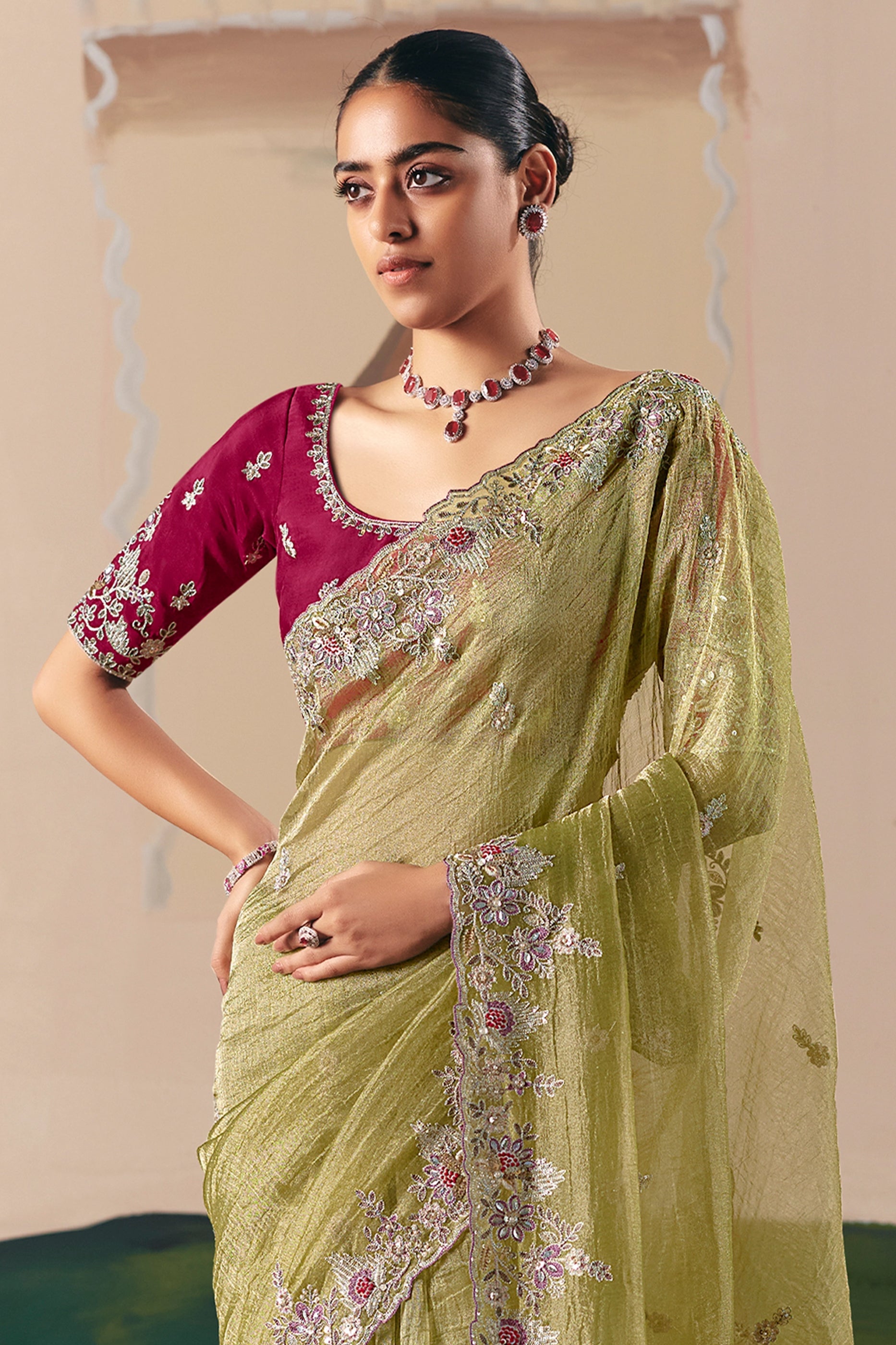 Olive Green Embroidered Organza Saree-SAR10552_5_SareeButa.com