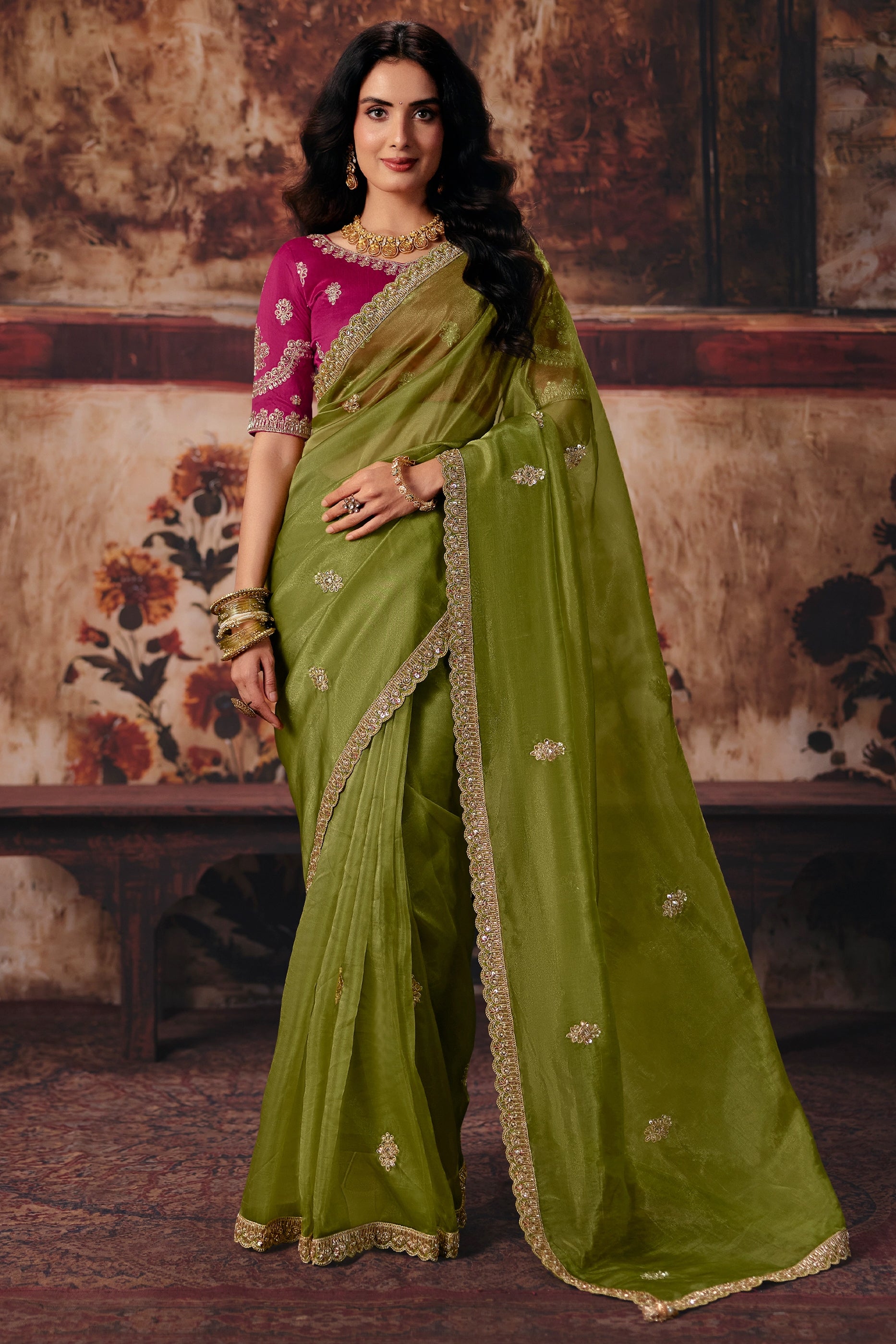 Olive Green Embroidered Organza Saree-SAR13200_1_SareeButa.com