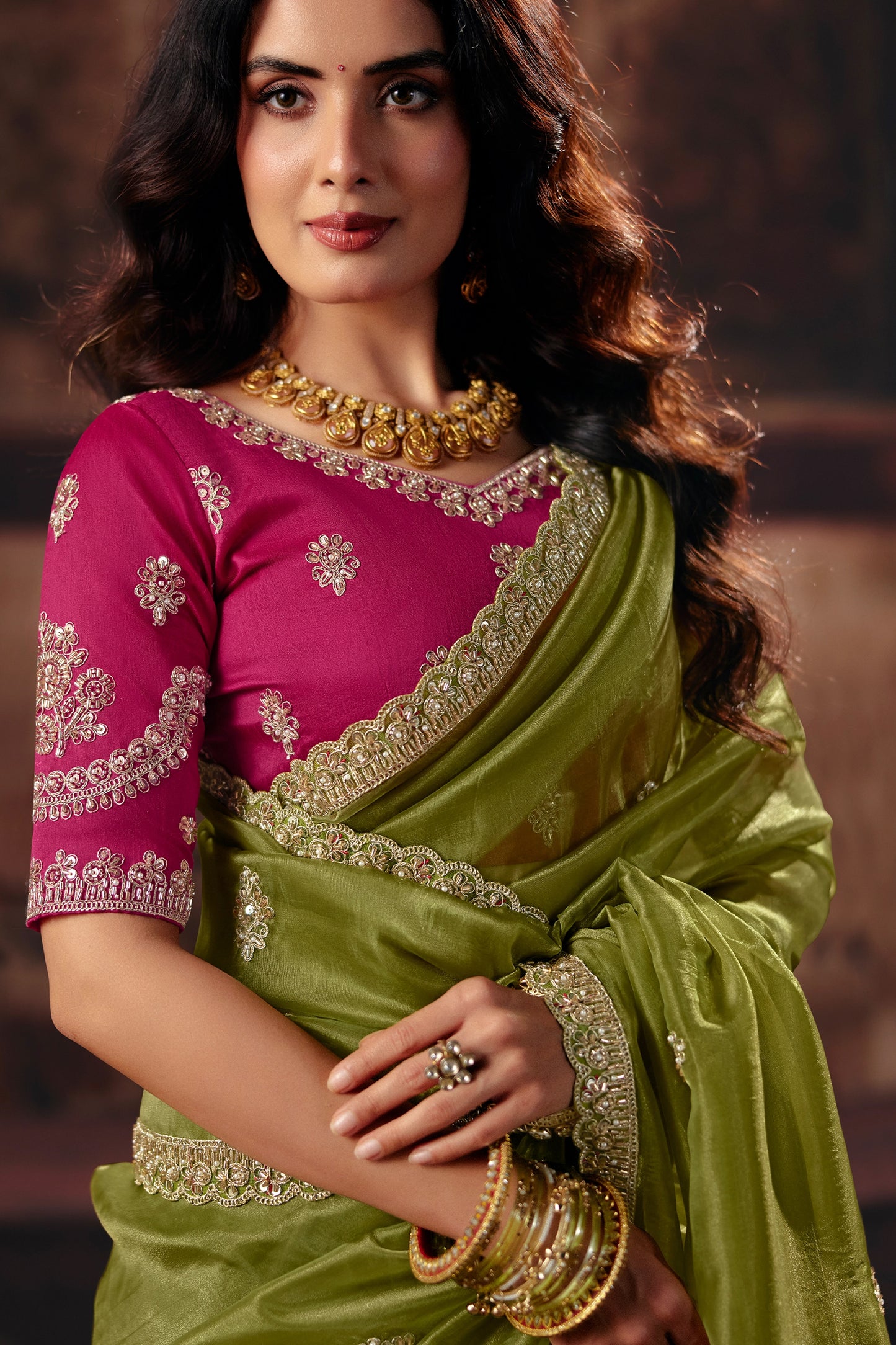 Olive Green Embroidered Organza Saree-SAR13200_2_SareeButa.com