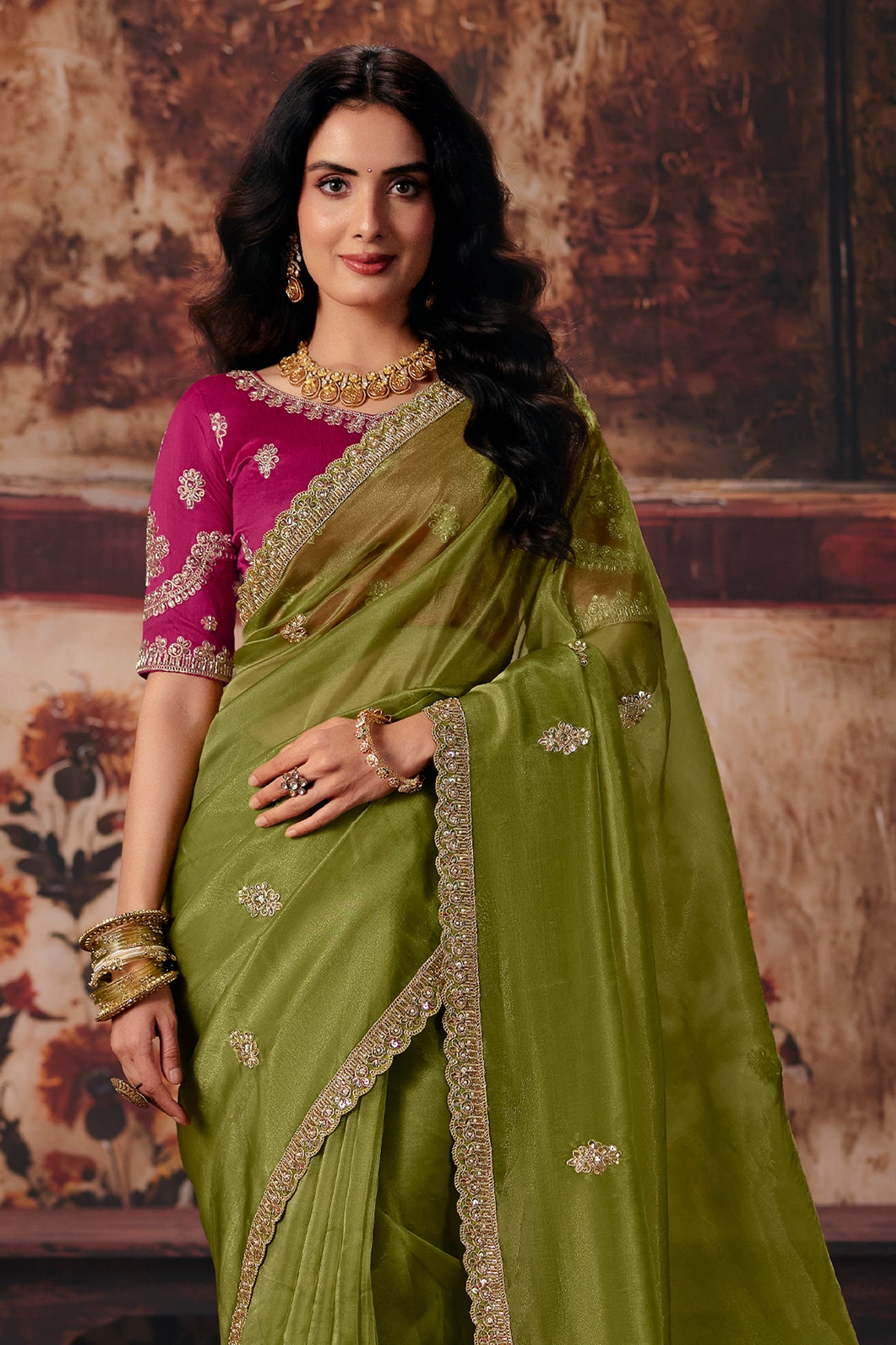 Olive Green Embroidered Organza Saree-SAR13200_3_SareeButa.com