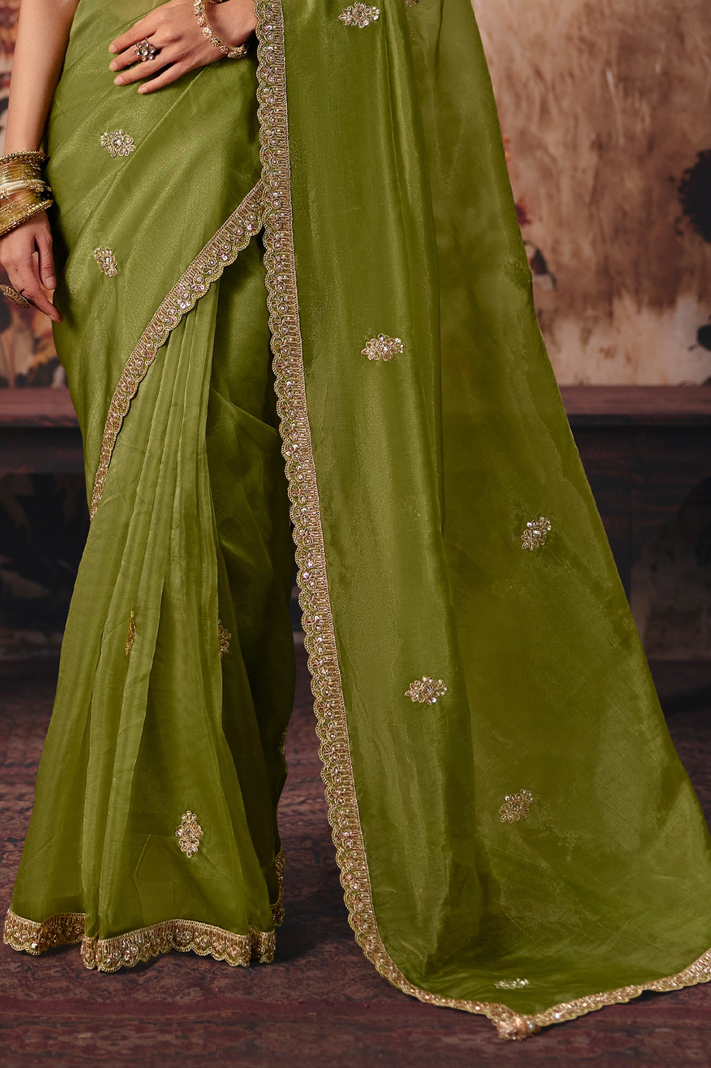 Olive Green Embroidered Organza Saree-SAR13200_4_SareeButa.com