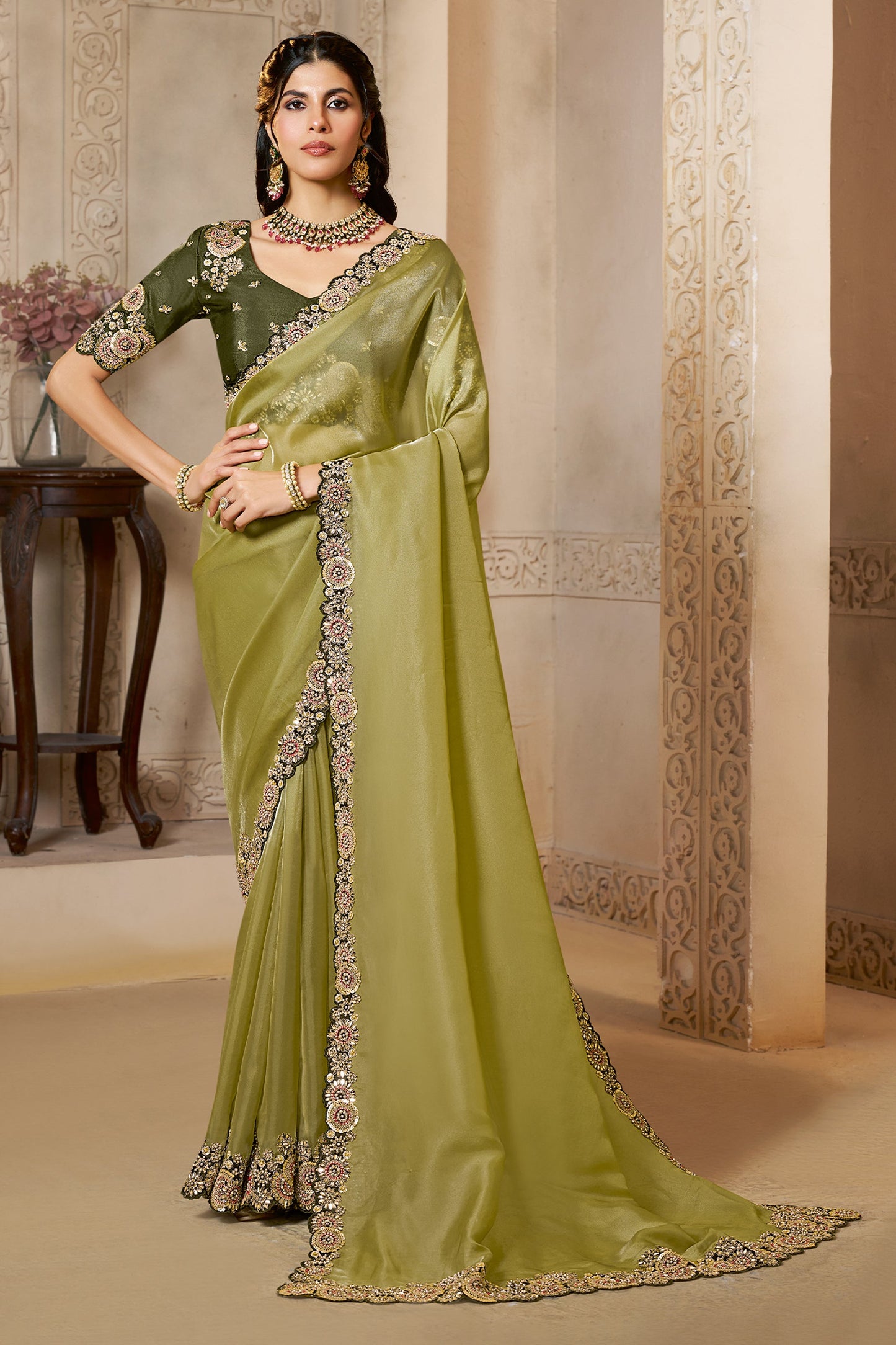 Olive Green Embroidered Organza Satin Saree-SAR10871_1_SareeButa.com