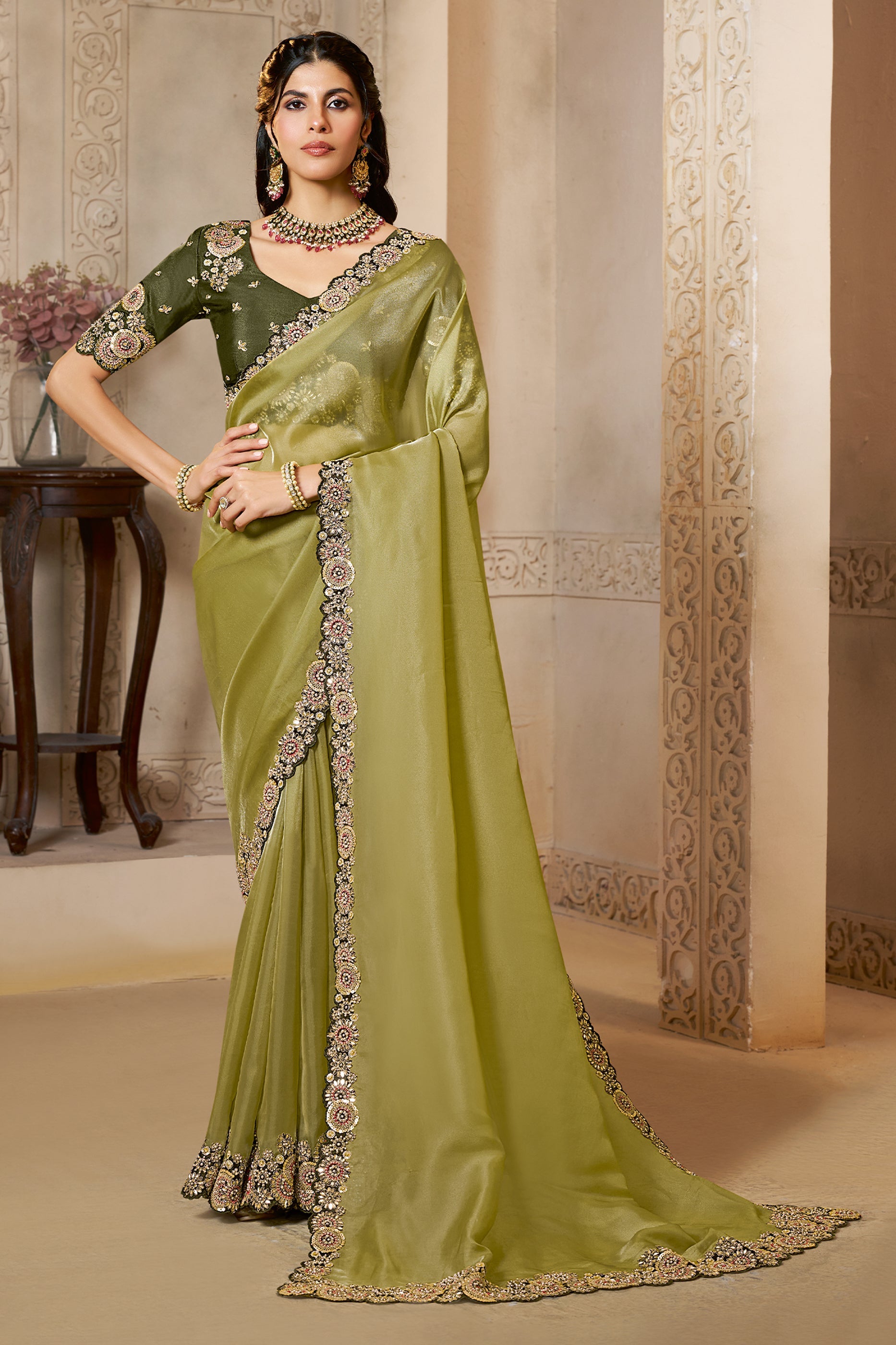 Olive Green Embroidered Organza Satin Saree-SAR10871_1_SareeButa.com