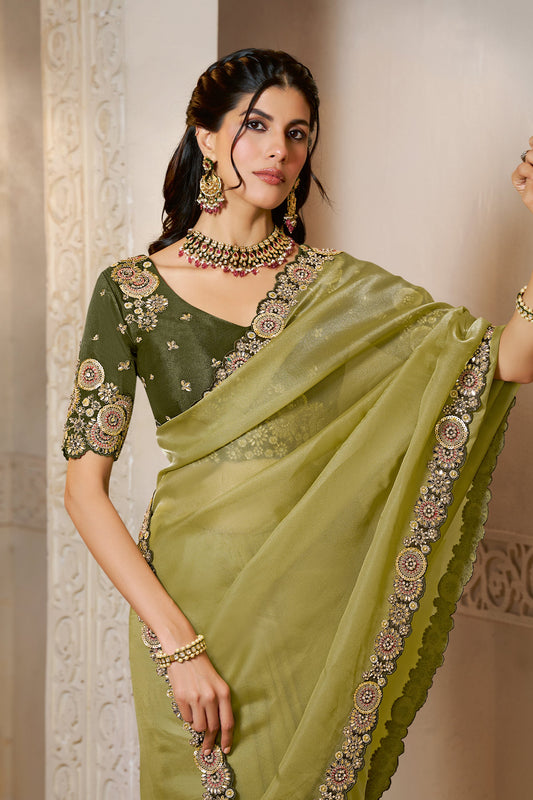 Olive Green Embroidered Organza Satin Saree-SAR10871_2_SareeButa.com