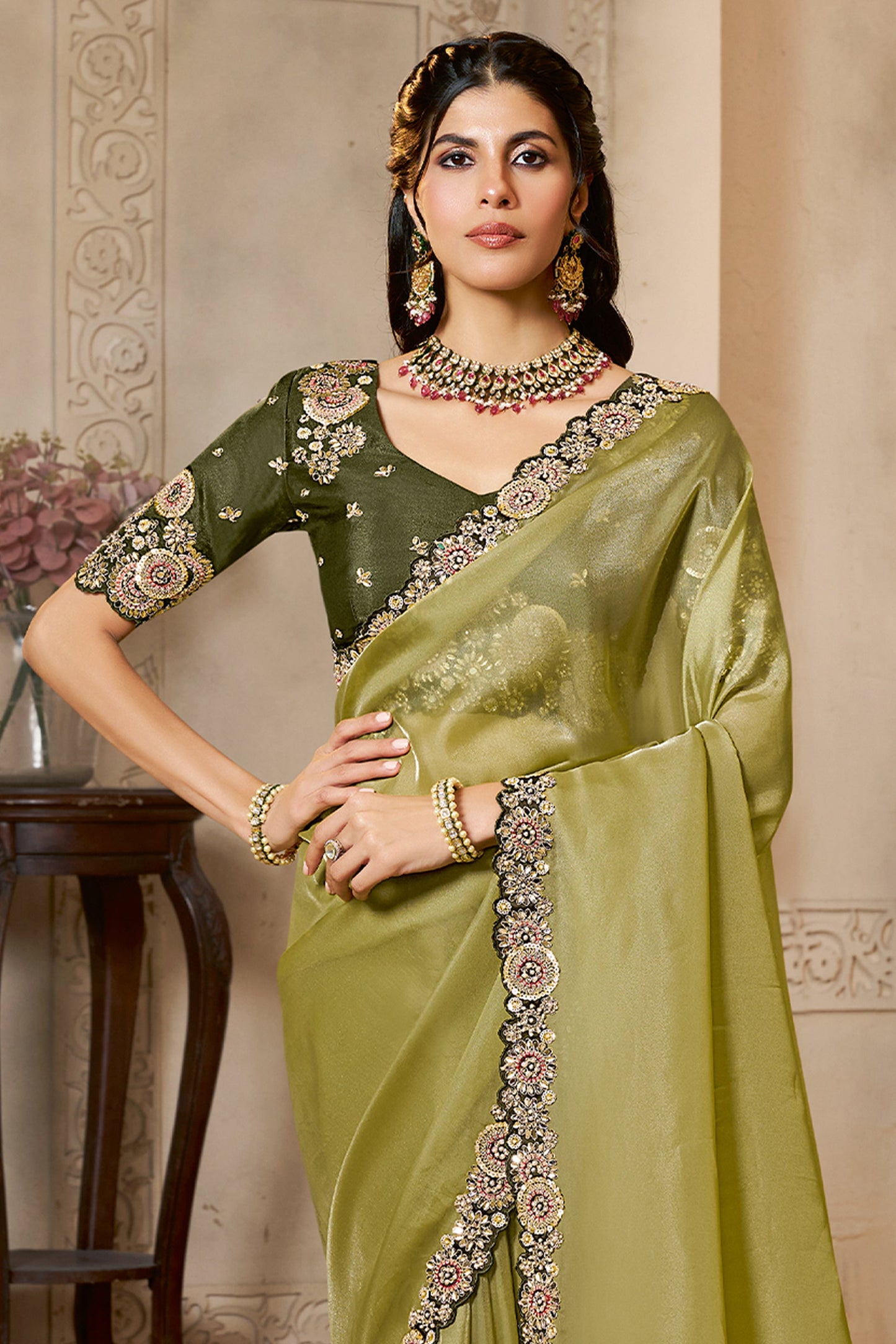 Olive Green Embroidered Organza Satin Saree-SAR10871_3_SareeButa.com
