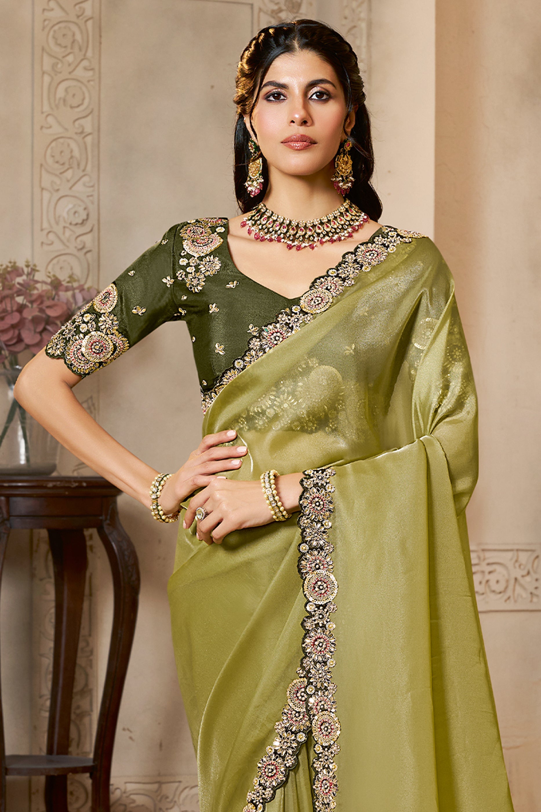 Olive Green Embroidered Organza Satin Saree-SAR10871_3_SareeButa.com