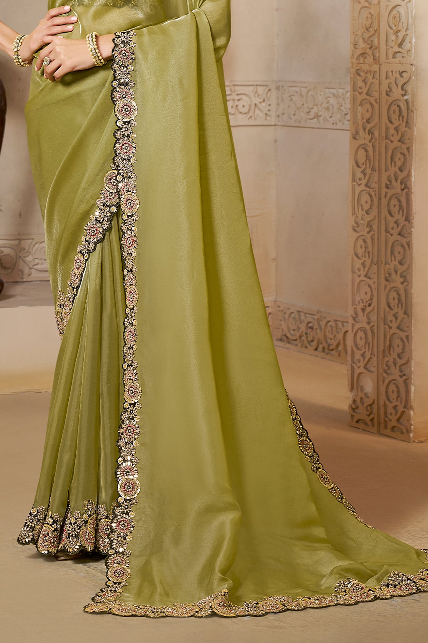 Olive Green Embroidered Organza Satin Saree-SAR10871_4_SareeButa.com