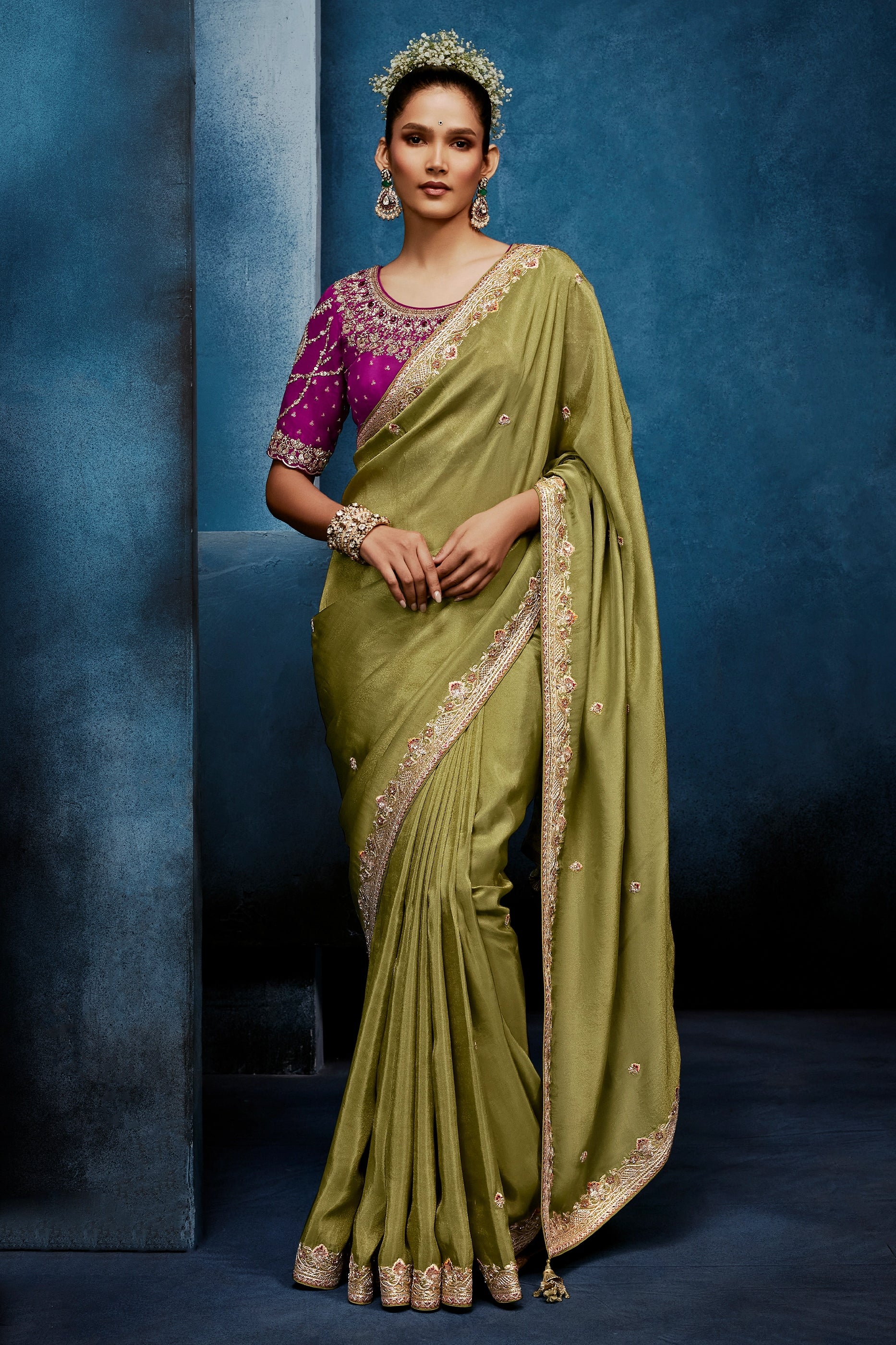Olive Green Embroidered Organza Silk Saree-SAR12599_1_SareeButa.com