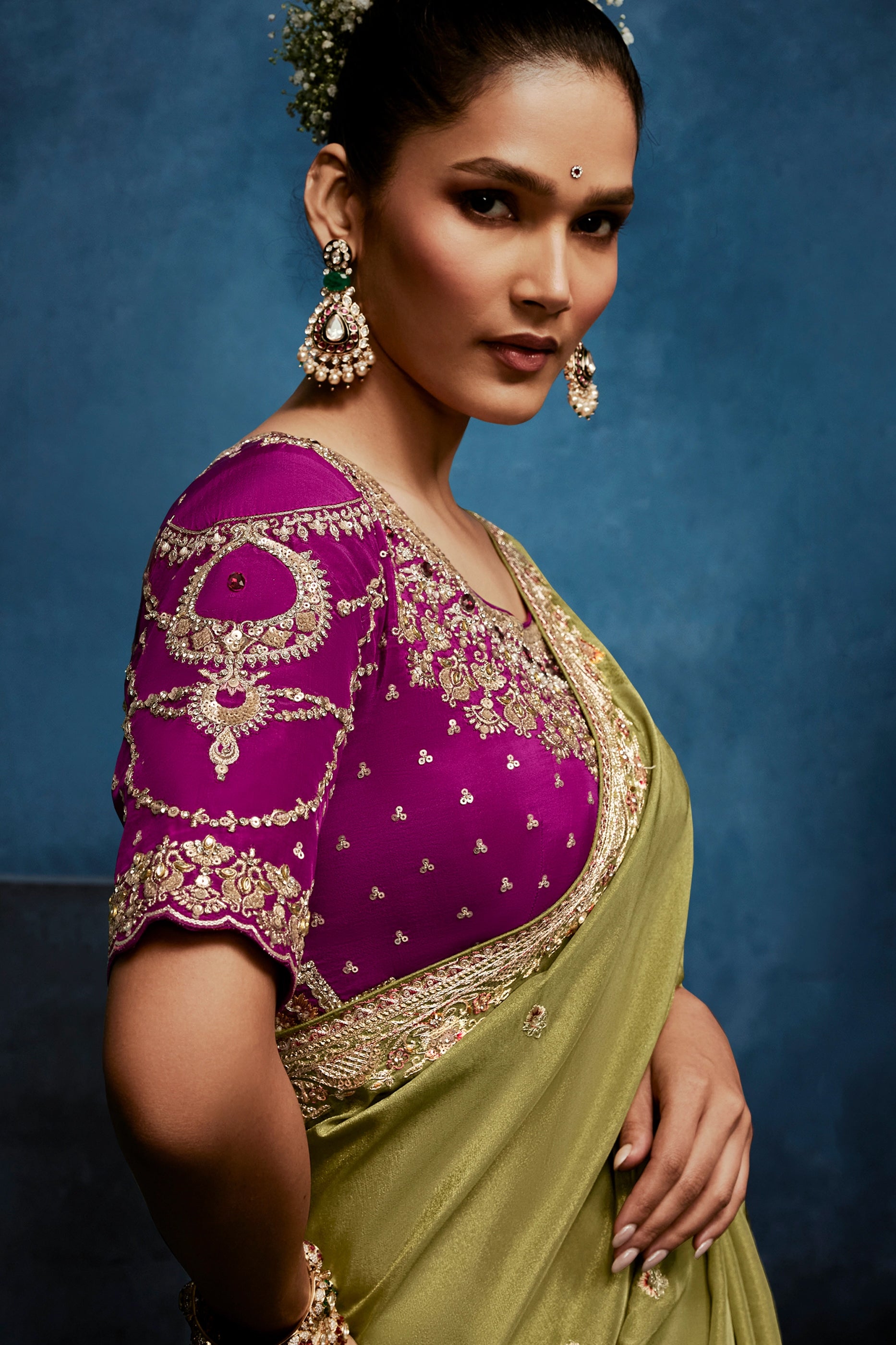 Olive Green Embroidered Organza Silk Saree-SAR12599_2_SareeButa.com