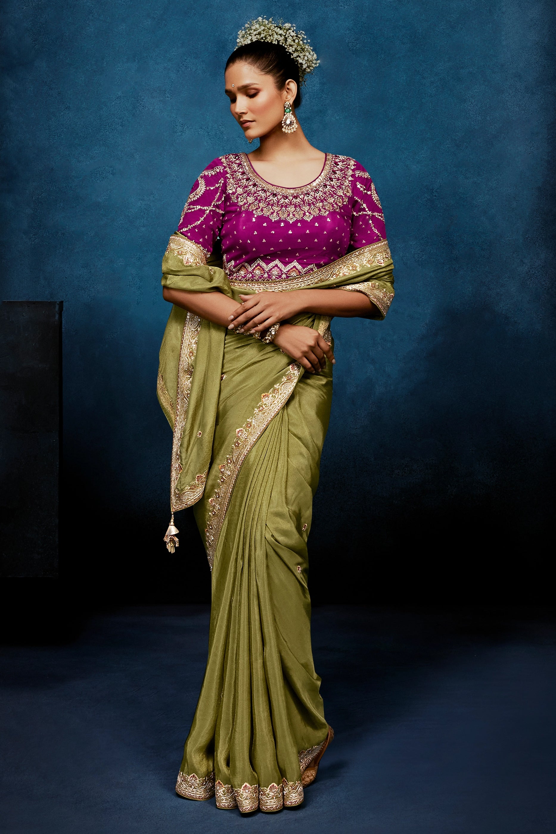 Olive Green Embroidered Organza Silk Saree-SAR12599_4_SareeButa.com