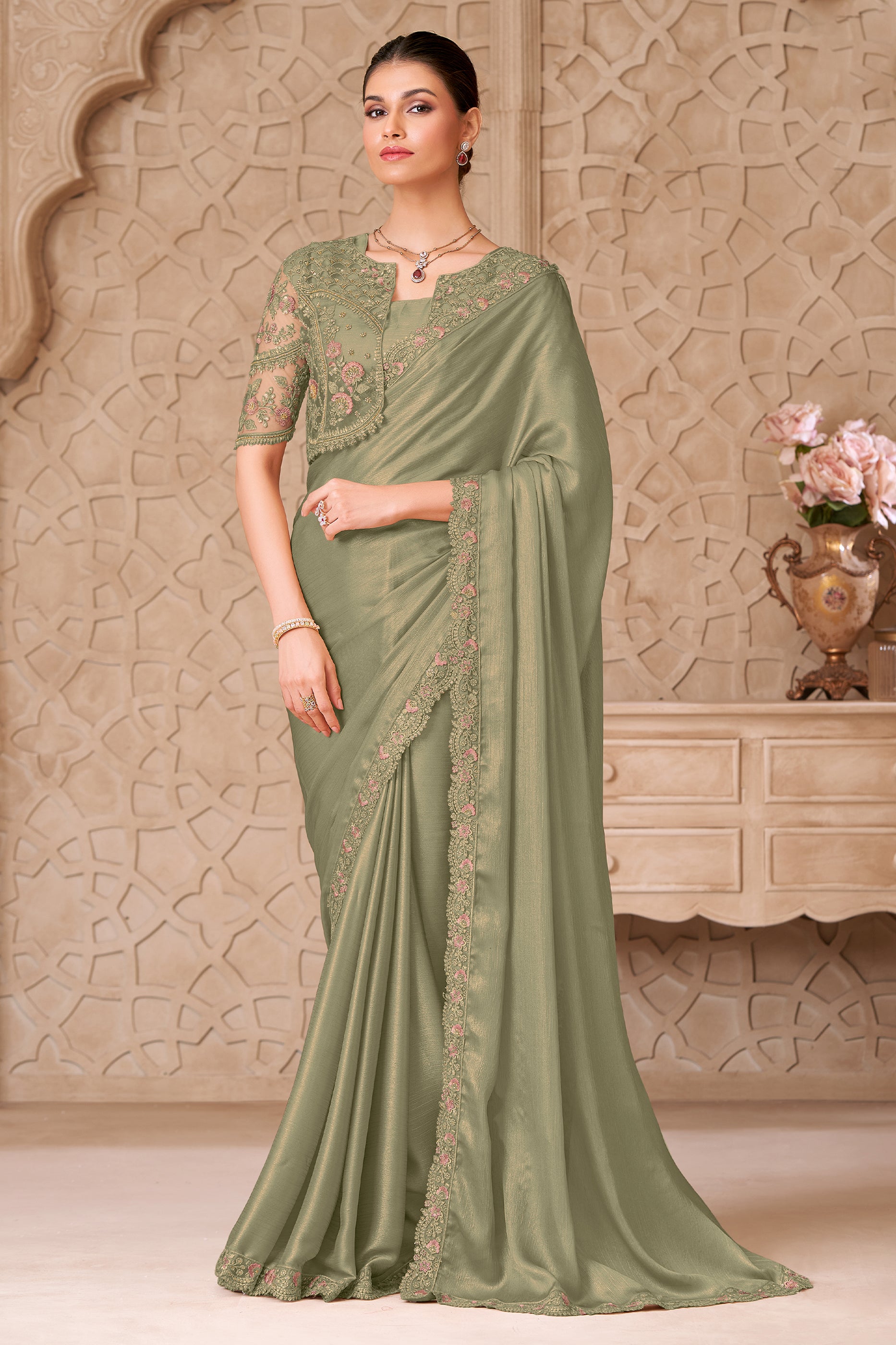 Olive Green Embroidered Satin Georgette Saree-SAR12469_1_SareeButa.com
