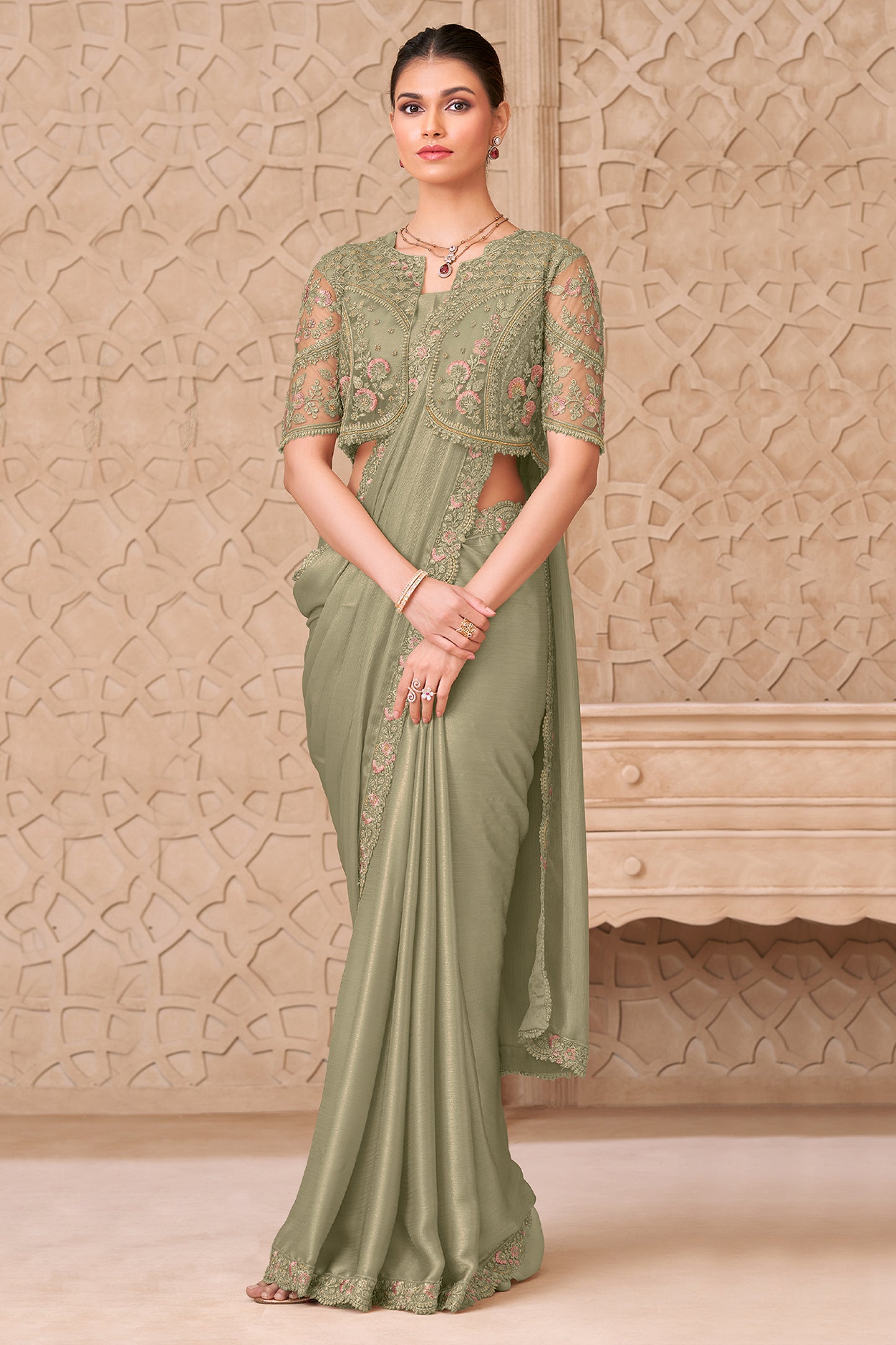 Olive Green Embroidered Satin Georgette Saree-SAR12469_3_SareeButa.com