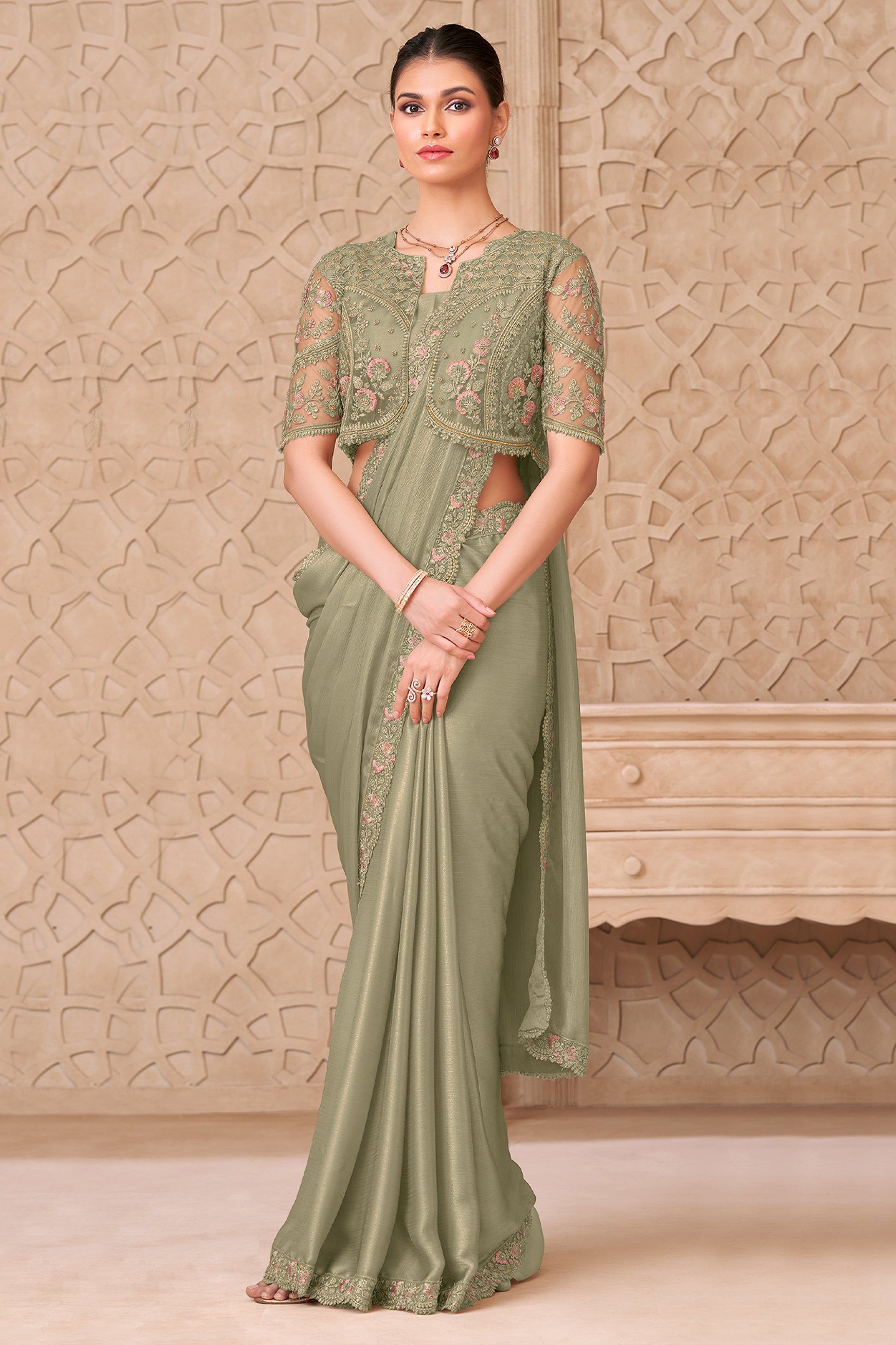 Olive Green Embroidered Satin Georgette Saree-SAR12469_3_SareeButa.com