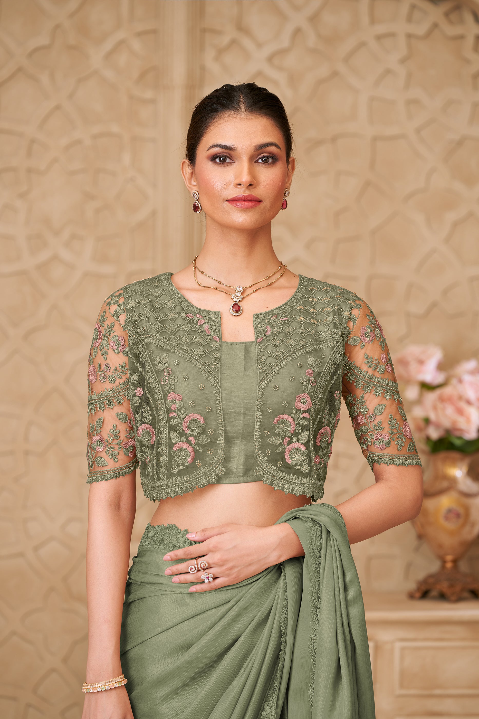 Olive Green Embroidered Satin Georgette Saree-SAR12469_4_SareeButa.com