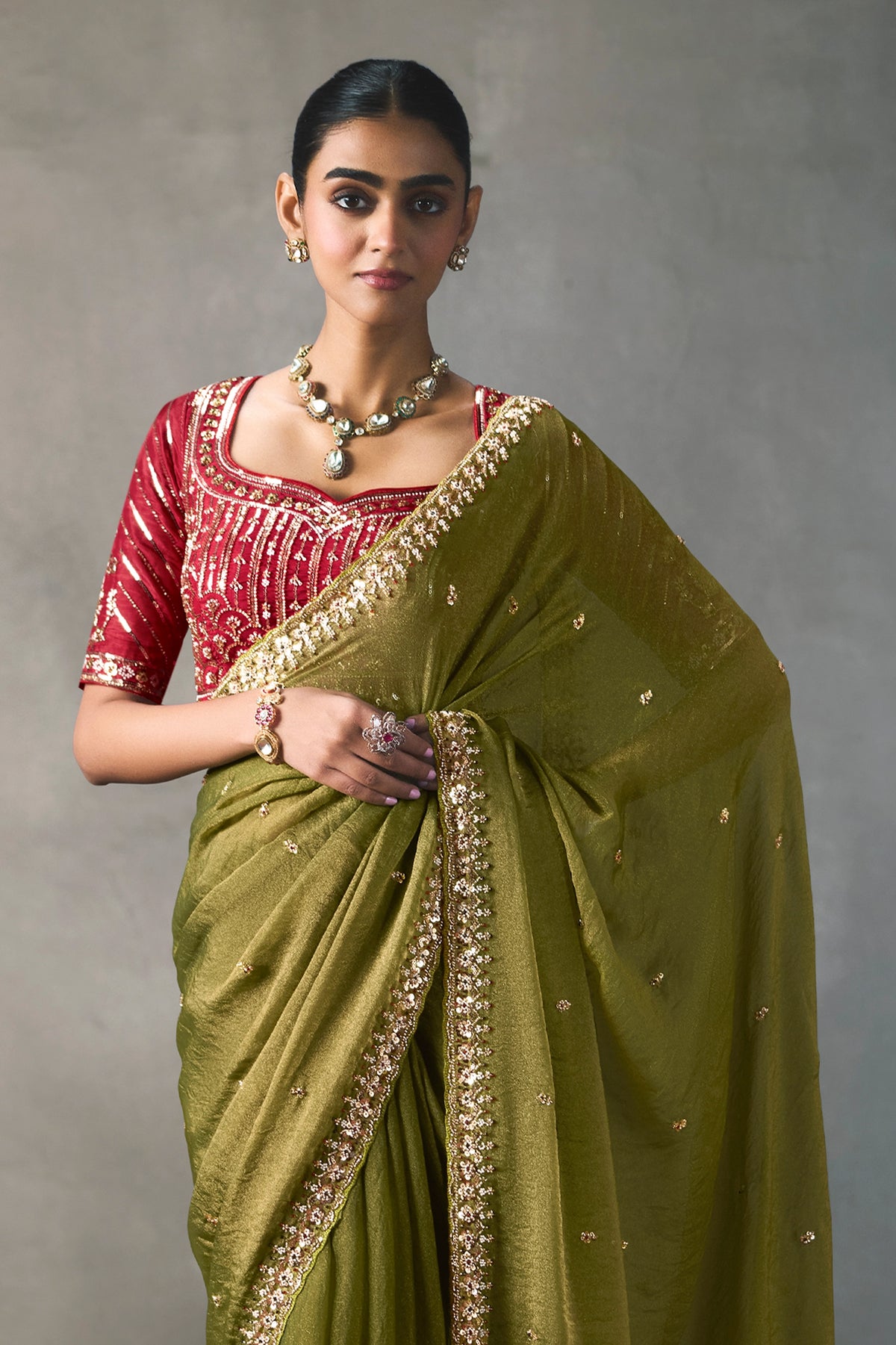 Olive Green Embroidered Silk Saree-SAR13402_4_SareeButa.com
