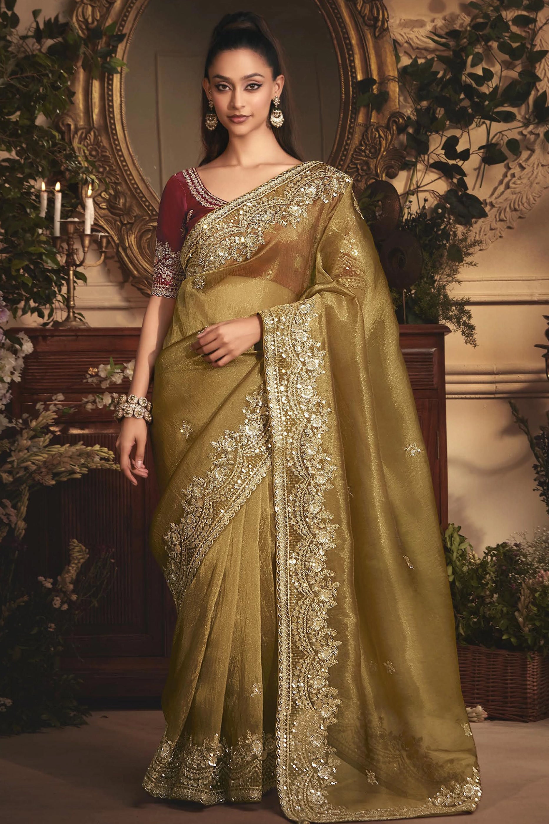 Olive Green Embroidered Tissue Organza Saree-SAR10238_1_SareeButa.com