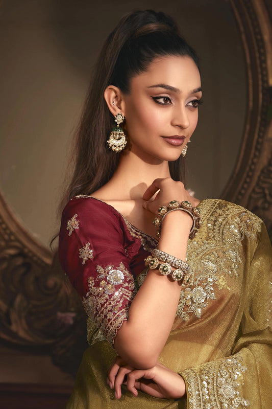 Olive Green Embroidered Tissue Organza Saree-SAR10238_2_SareeButa.com